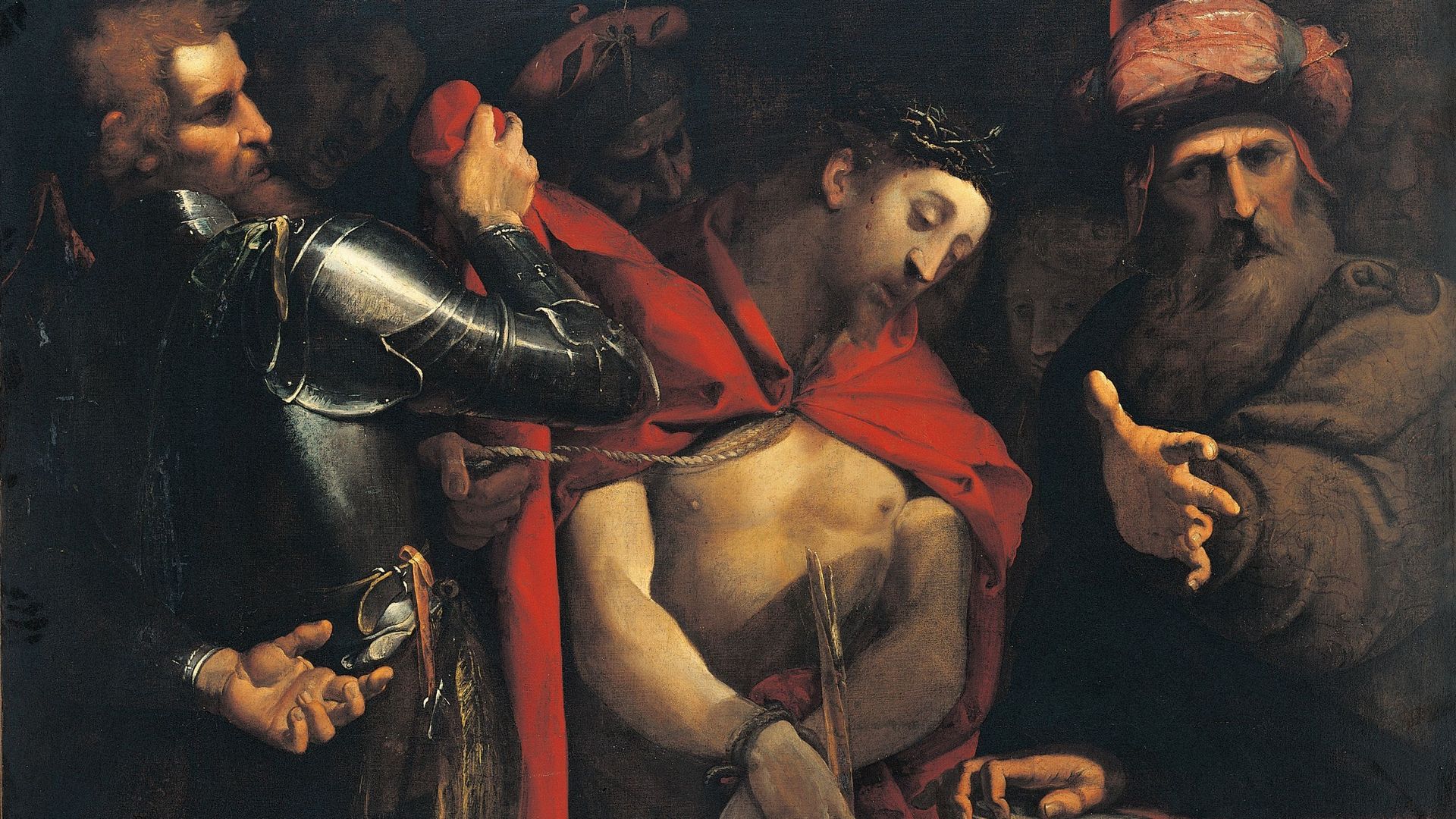 Ecce Homo, peinture à l’huile du 17e siècle. Description : un soldat tient Jésus avec une corde, Ponce Pilate le montre à la foule.