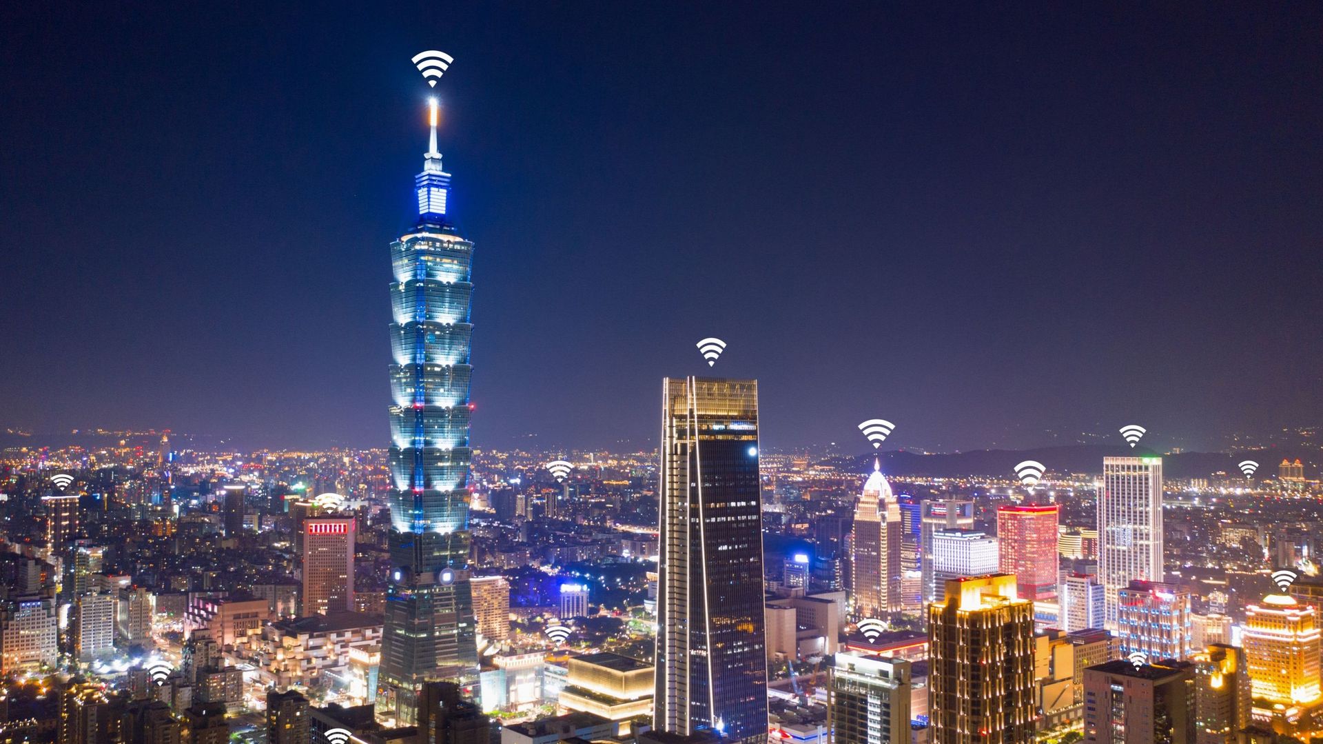 Taïpei, la capitale de l’île de Taïwan, et sigles wifi (illustration)