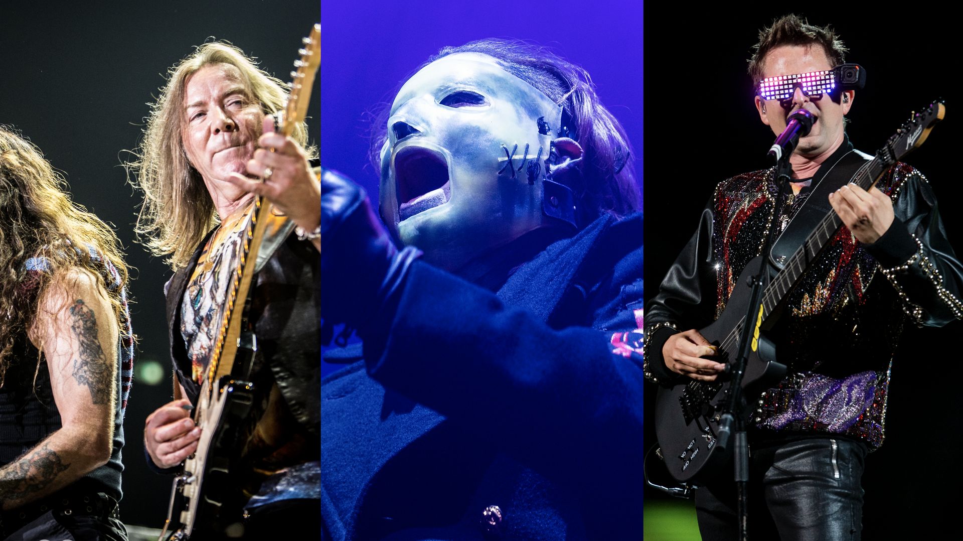 (G) Le bassiste et les guitaristes du groupe Iron Maiden Steve Harris, Dave Murray et Janick Gers en concert au Mediolanum Forum d’Assago le 22 juillet 2016.
(M) Corey Taylor de Slipknot se produisant en concert à l’Ericsson Globe Arena à Stockholm le 21