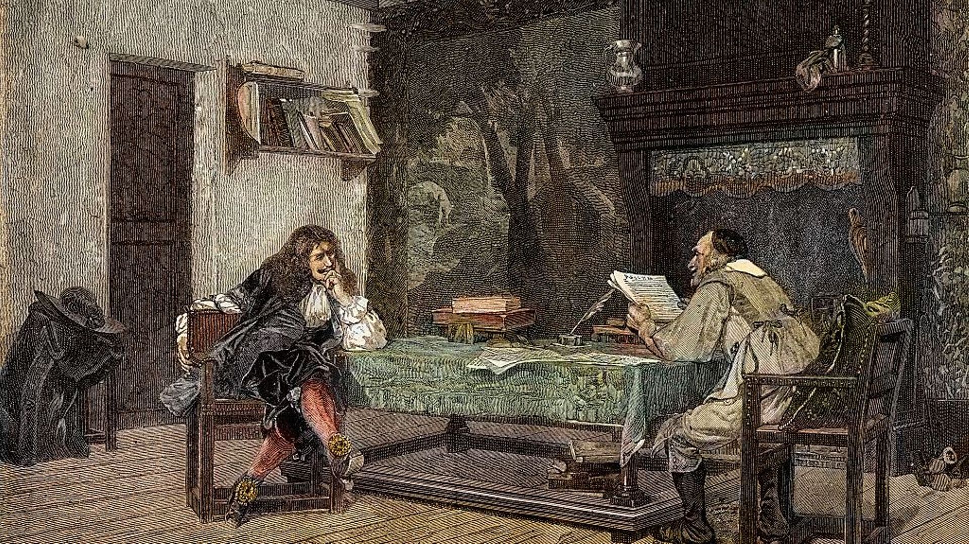 Collaboration entre Jean-Baptiste Molière et Pierre Corneille, gravure de Jean-Leon Gerome, 1875.