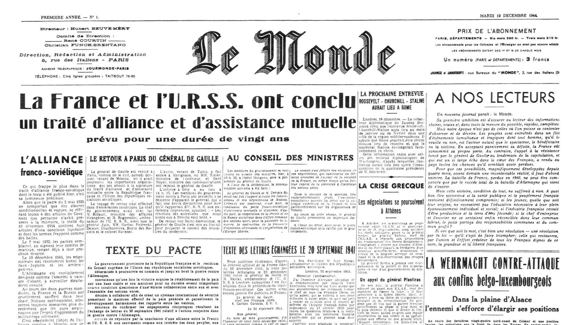 Toute première une du quotidien "Le Monde" daté du 19 décembre 1944