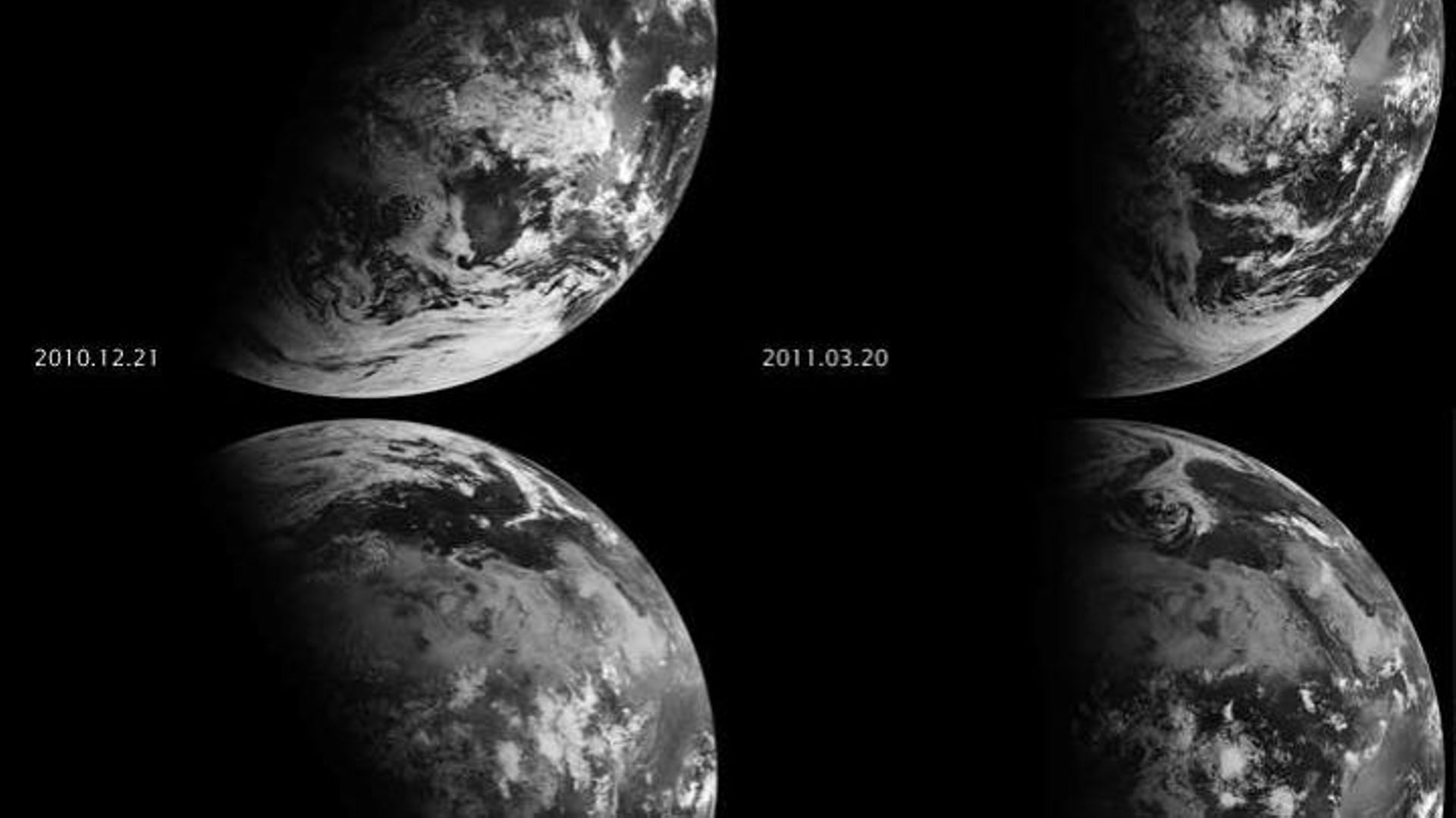 A gauche la Terre lors des solstices, à droite la Terre lors des équinoxes. Images de 2011 avec Eumetsat.