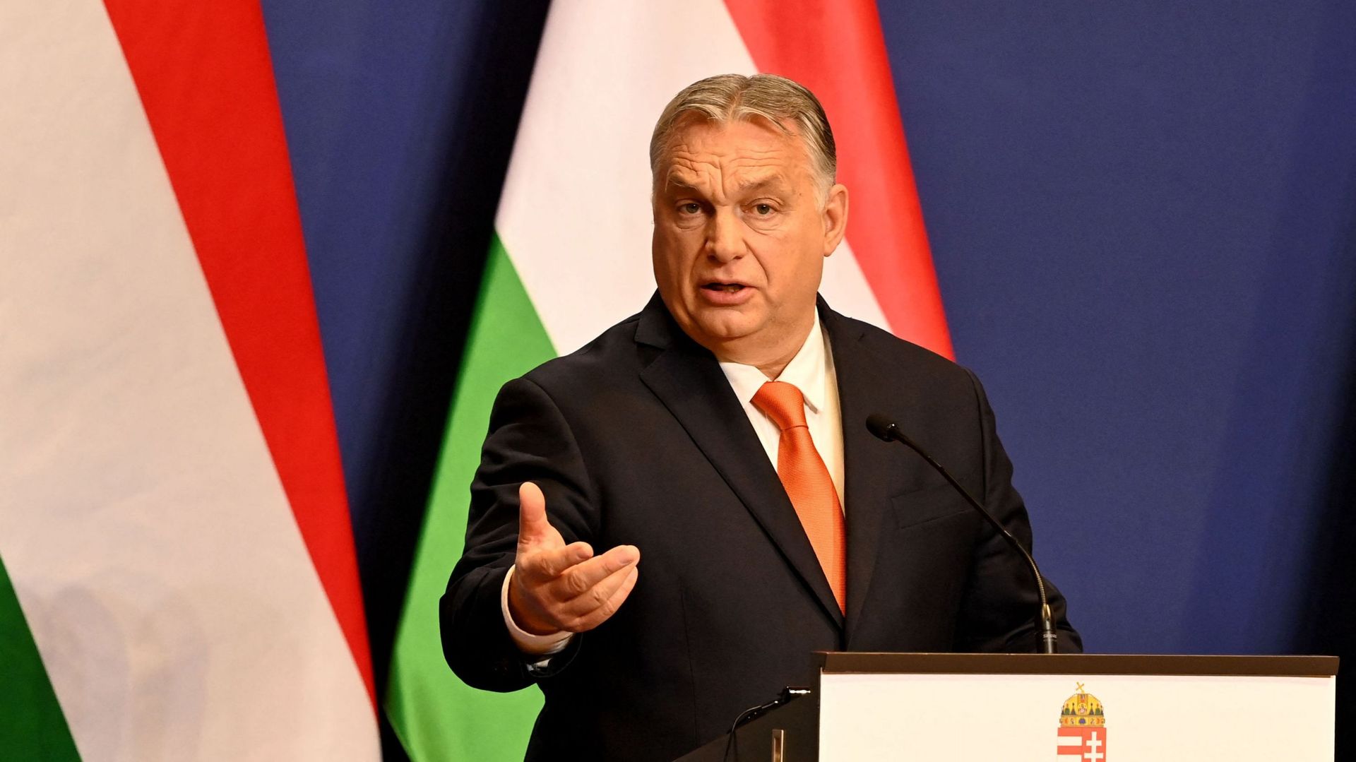 Le Premier ministre hongrois Viktor Orban tient une conférence de presse annuelle à Budapest, le 21 décembre 2021, après la dernière réunion de son gouvernement de l'année 2021.