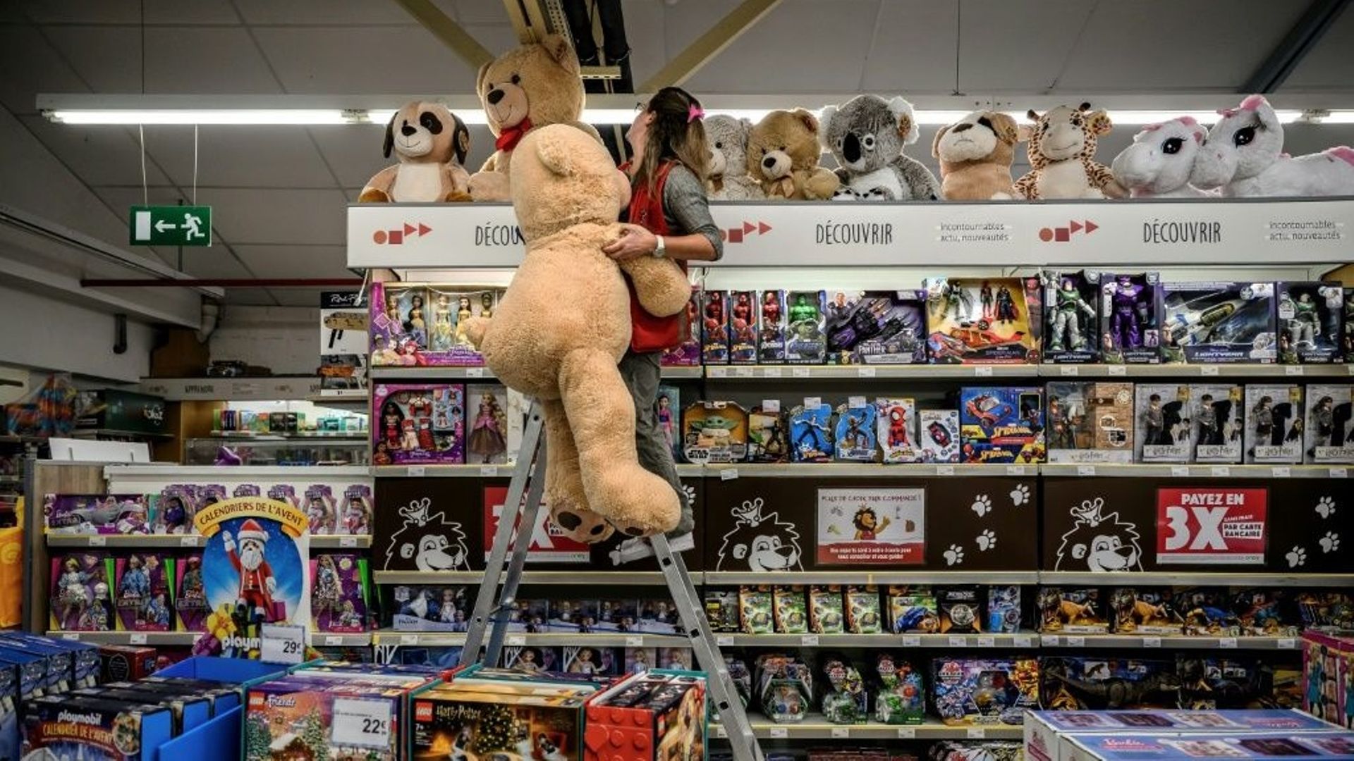 Une employée de King Okaz installe un ours en peluche dans le rayon du magasin à Saint-Marcel-lès-Valence, dans la Drôme, le 29 septembre 2022.