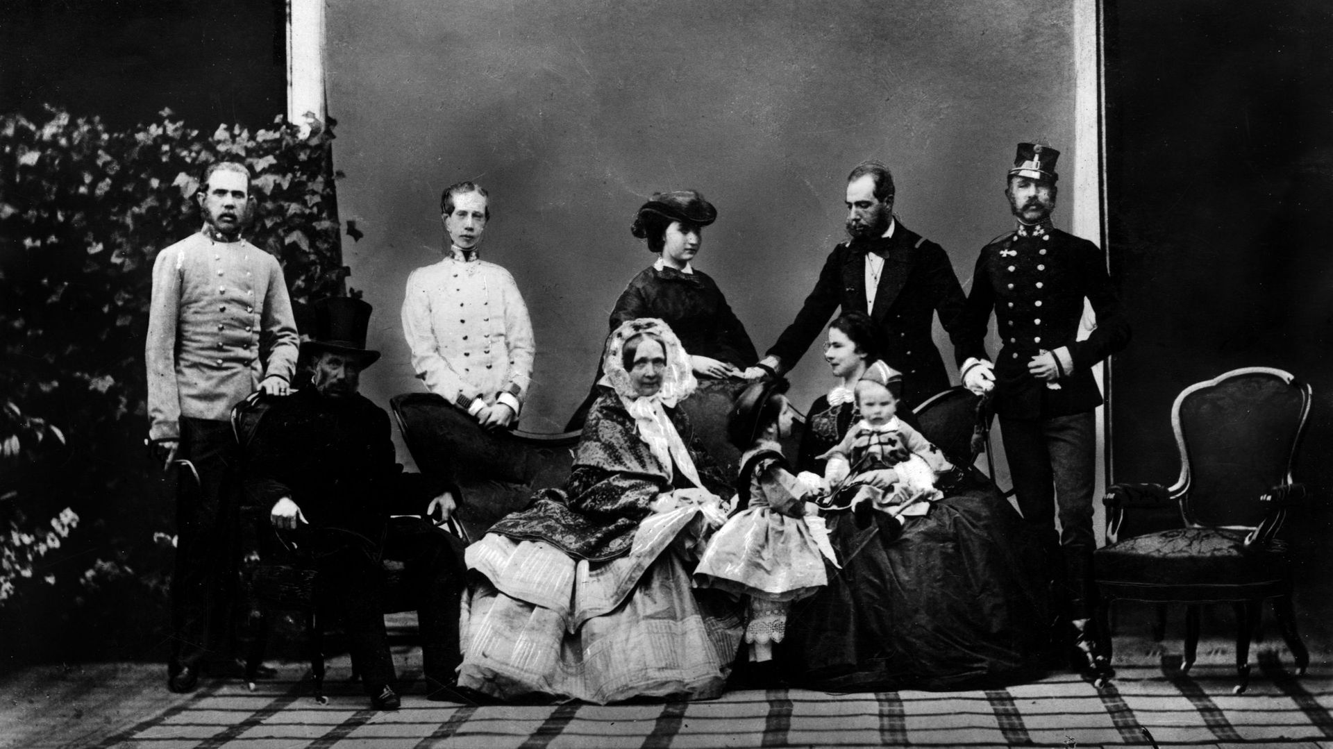 The Family Of Emperor Francis Joseph I Of Austria. Archduke Francis Charles of Habsburg-Lorraine and his wife Sophie of Wittelsbach posing with their sons Francis Joseph, Louis Victor, Ferdinand Maximilian and Charles Louis, their daughters-in-law Elizabe