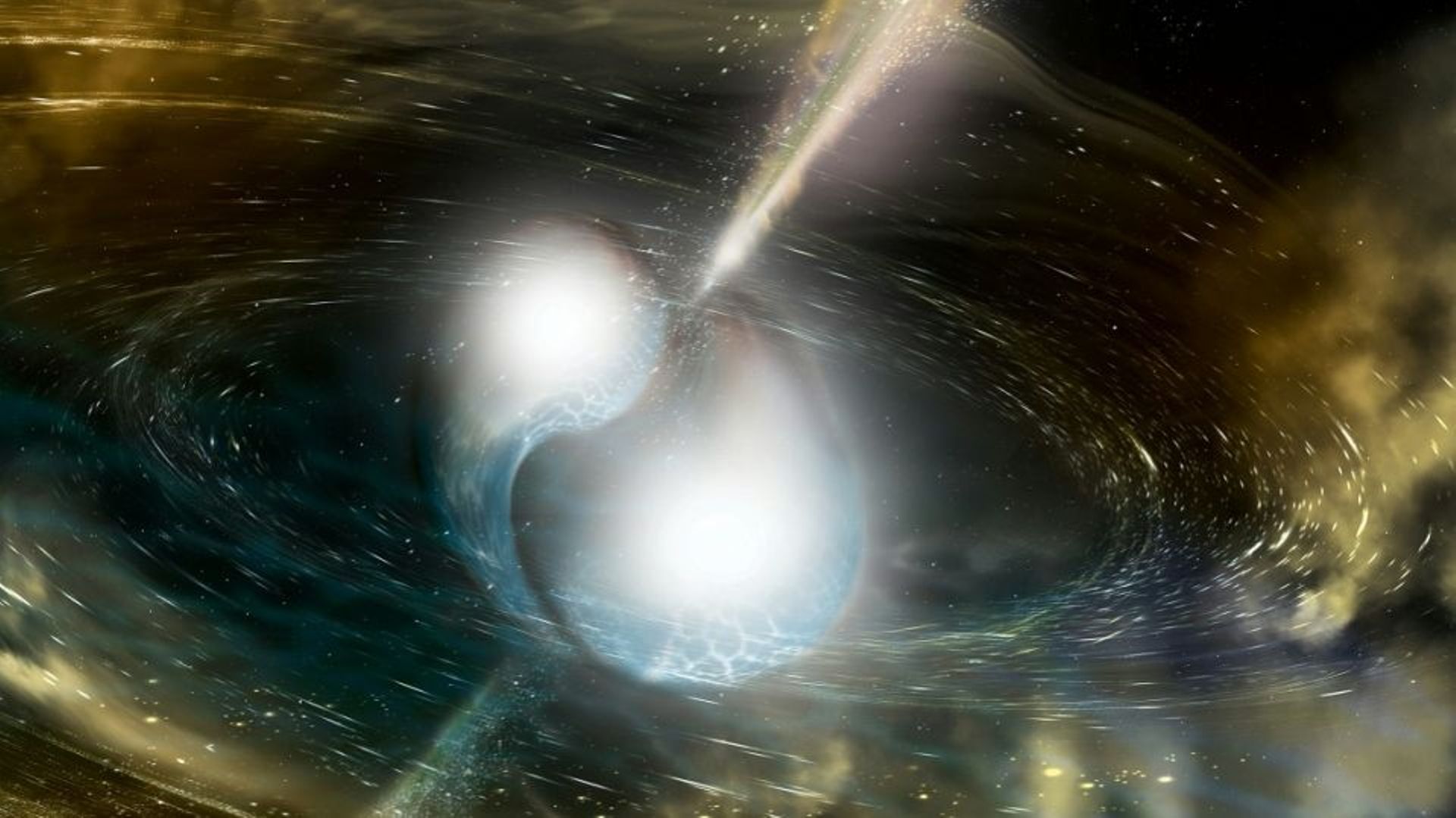 Illustration d’artiste de la fusion de deux étoiles à neutrons, entraînant une onde gravitationnelle à leur périphérie, fournie par la National Science Foundation le 16 octobre 2017