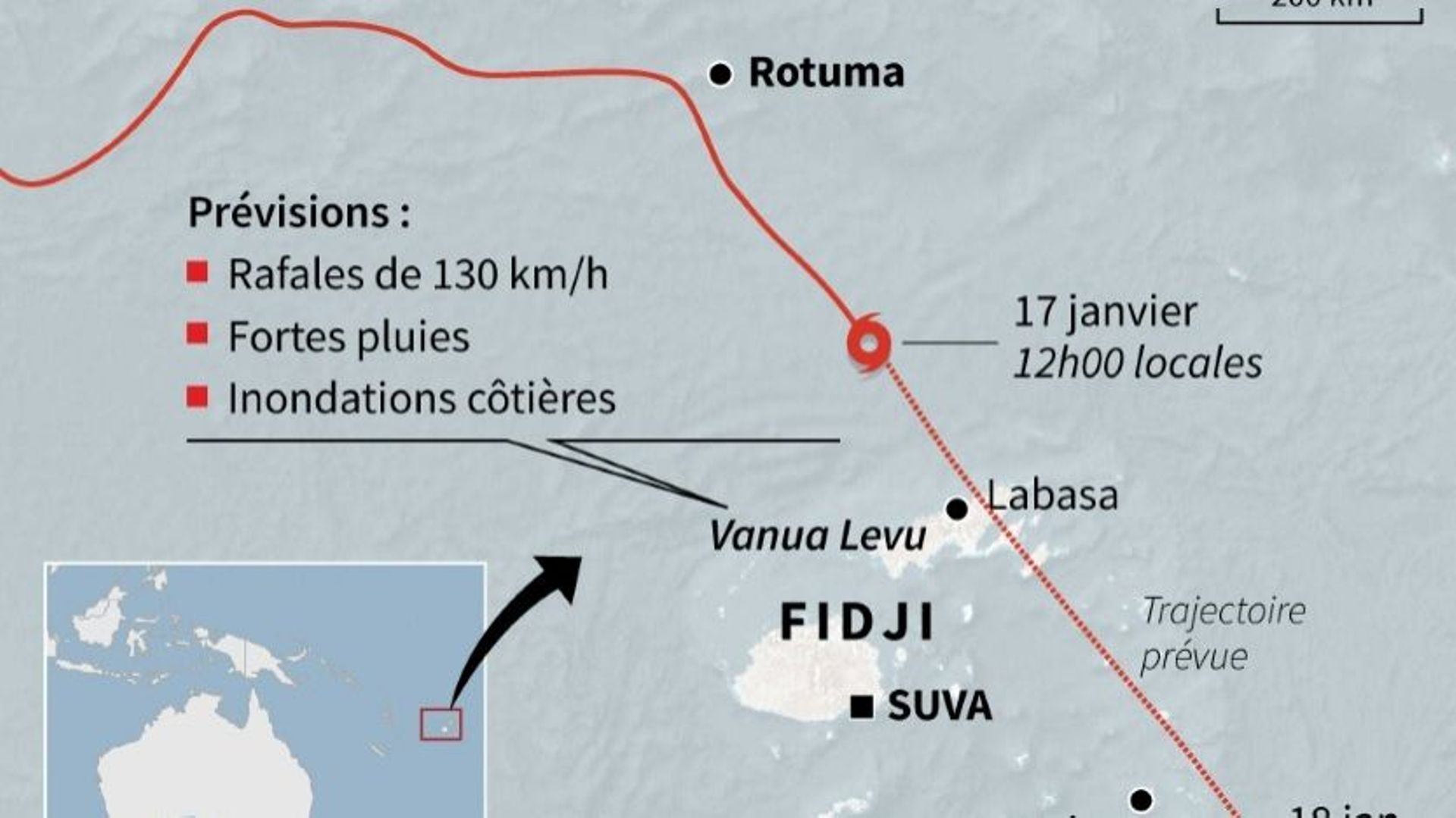 Trajectoire du cyclone Tino aux Fidji