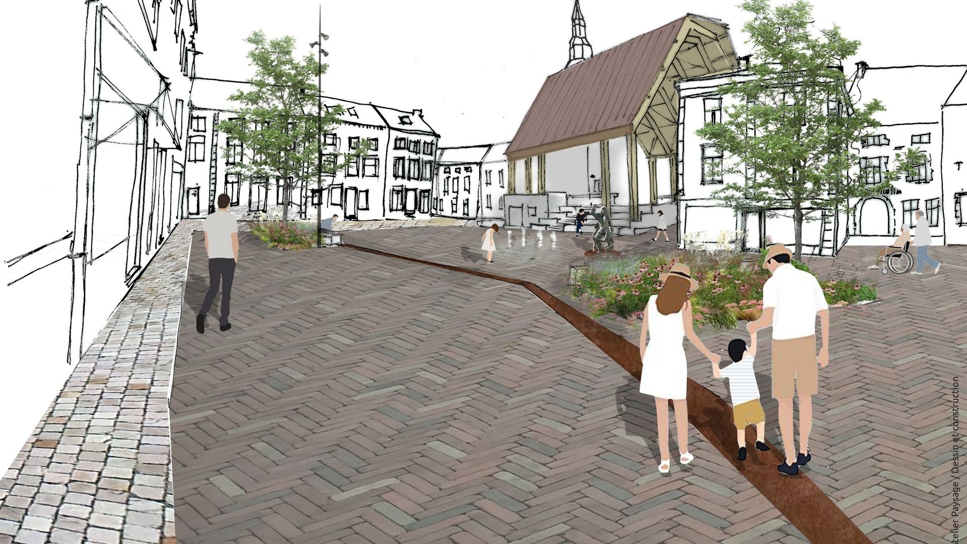 La nouvelle place du marché et la halle qui sera construite à l’emplacement de l’ancien hôtel de ville.