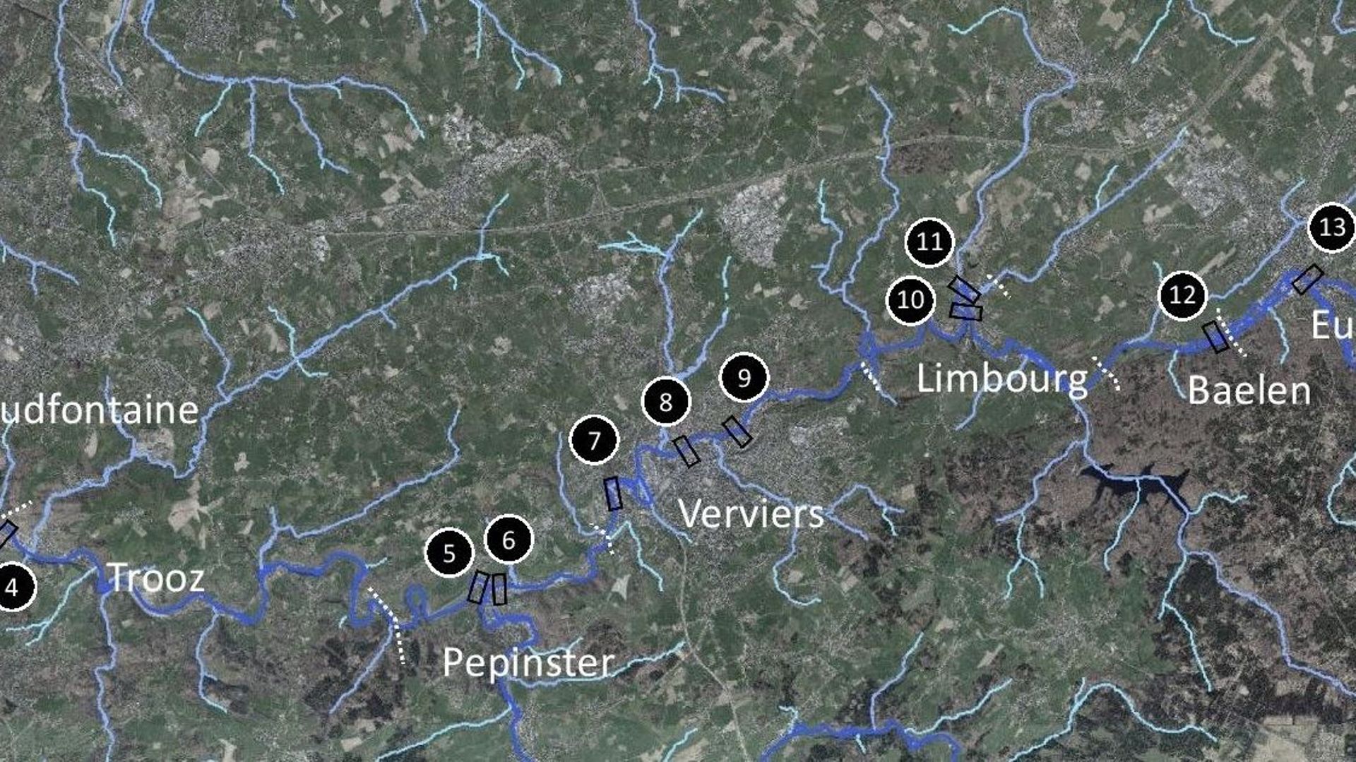 14 sites d’études ont été choisis par la Task Force U-Liège le long de la Vesdre.