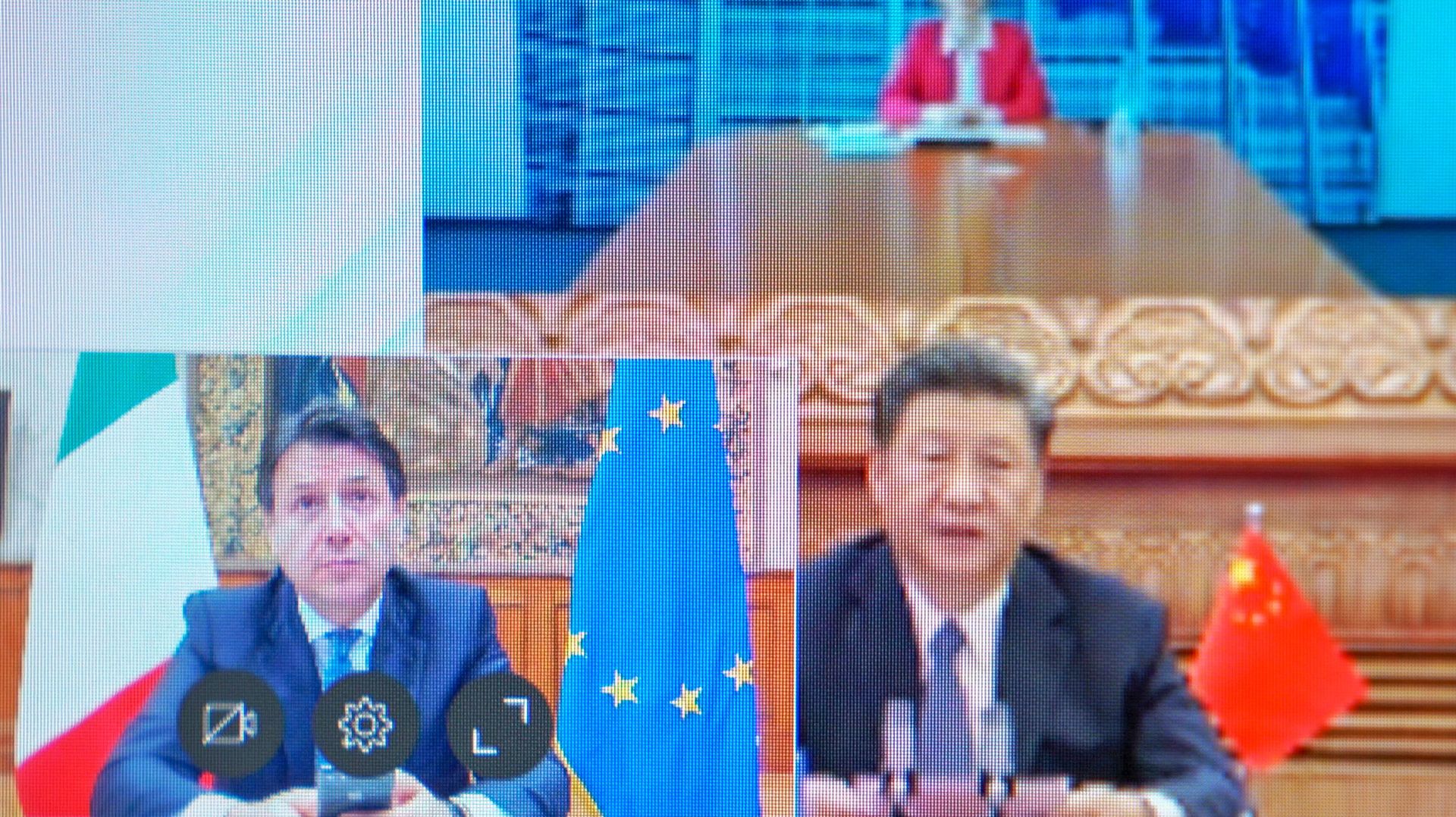 Discussion entre le Xi Jinping, Giuseppe Conte et Ursula von de Leyen