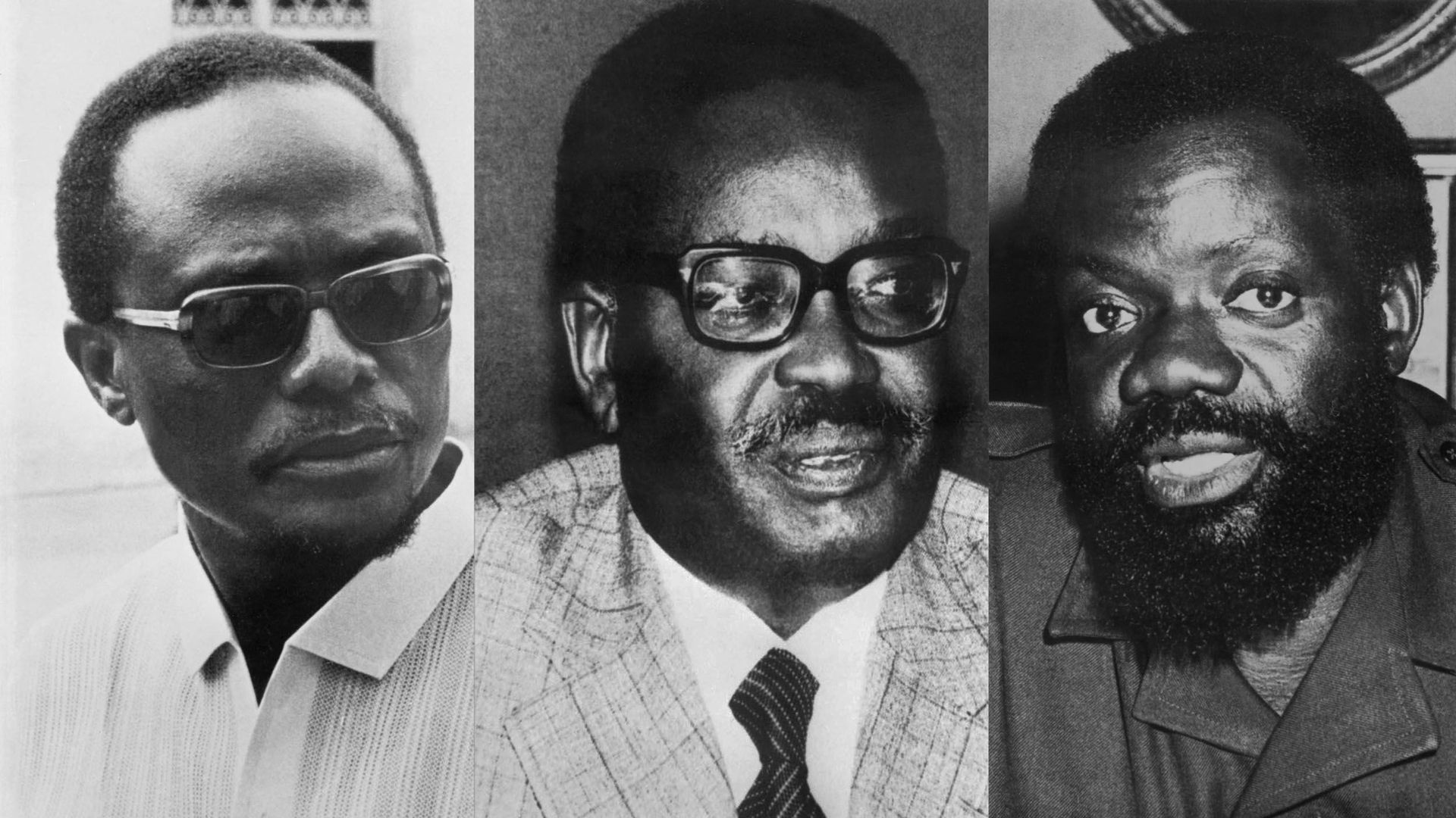 Roberto Holden, leader du FNLA, Agostinho Neto (MPLA) et Jonas Savimbi (UNITA). Bien que le conflit s'aggrave entre les trois mouvements nationalistes angolais, MPLA, FNLA et UNITA, l'indépendance du pays sera proclamée le 11 novembre 1975 à Luanda. AFP P