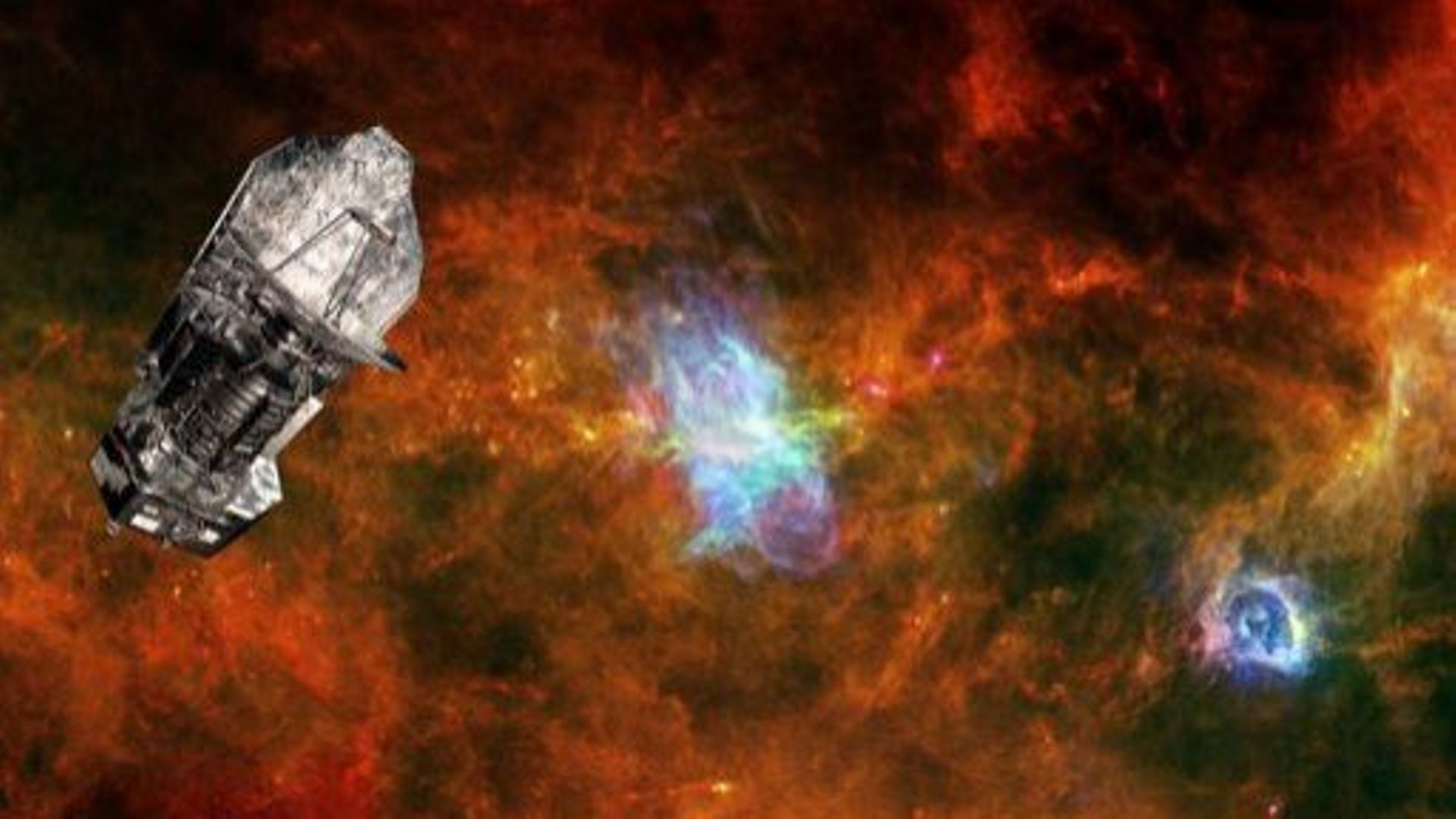 Montage photos réalisé par l'ESA, non daté, montrant le télescope Herschel dans une région de l'espace