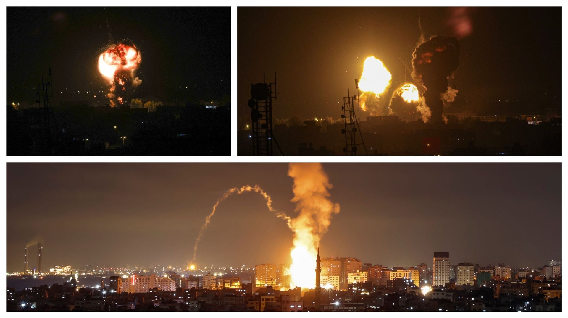 De la fumée et des flammes s'élèvent au-dessus des bâtiments après une frappe aérienne israélienne à Rafah, dans le sud de la bande de Gaza, le 3 mai 2023.