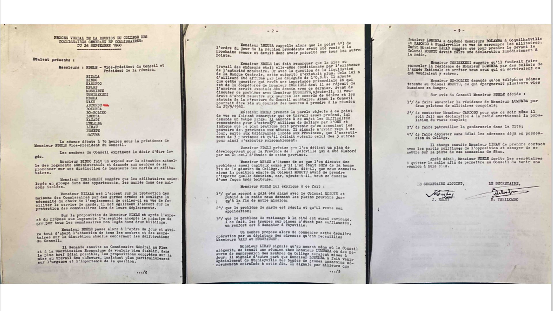 Dans un PV daté du 26 septembre 1960, Etienne Tshisekedi suggère de "faire encercler la résidence de M. Lumumba par des soldats de l’Armée nationale et arrêter tous ceux qui en sortiraient ou qui voudraient y rester" (Archives de l’AfricaMuseum)