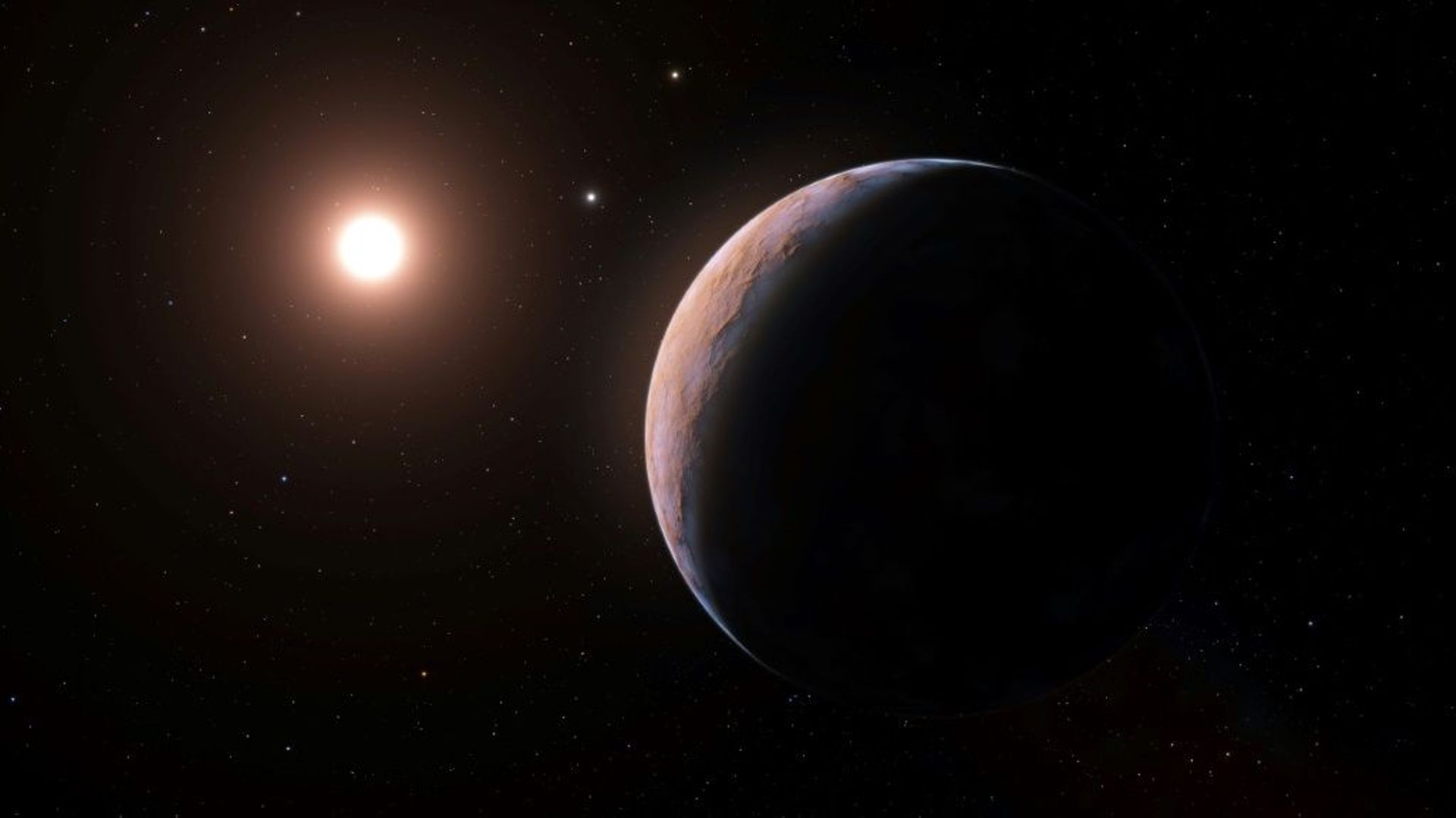 Vue d'artiste de la planète Proxima d, orbitant autour de l'étoile Proxima du Centaure