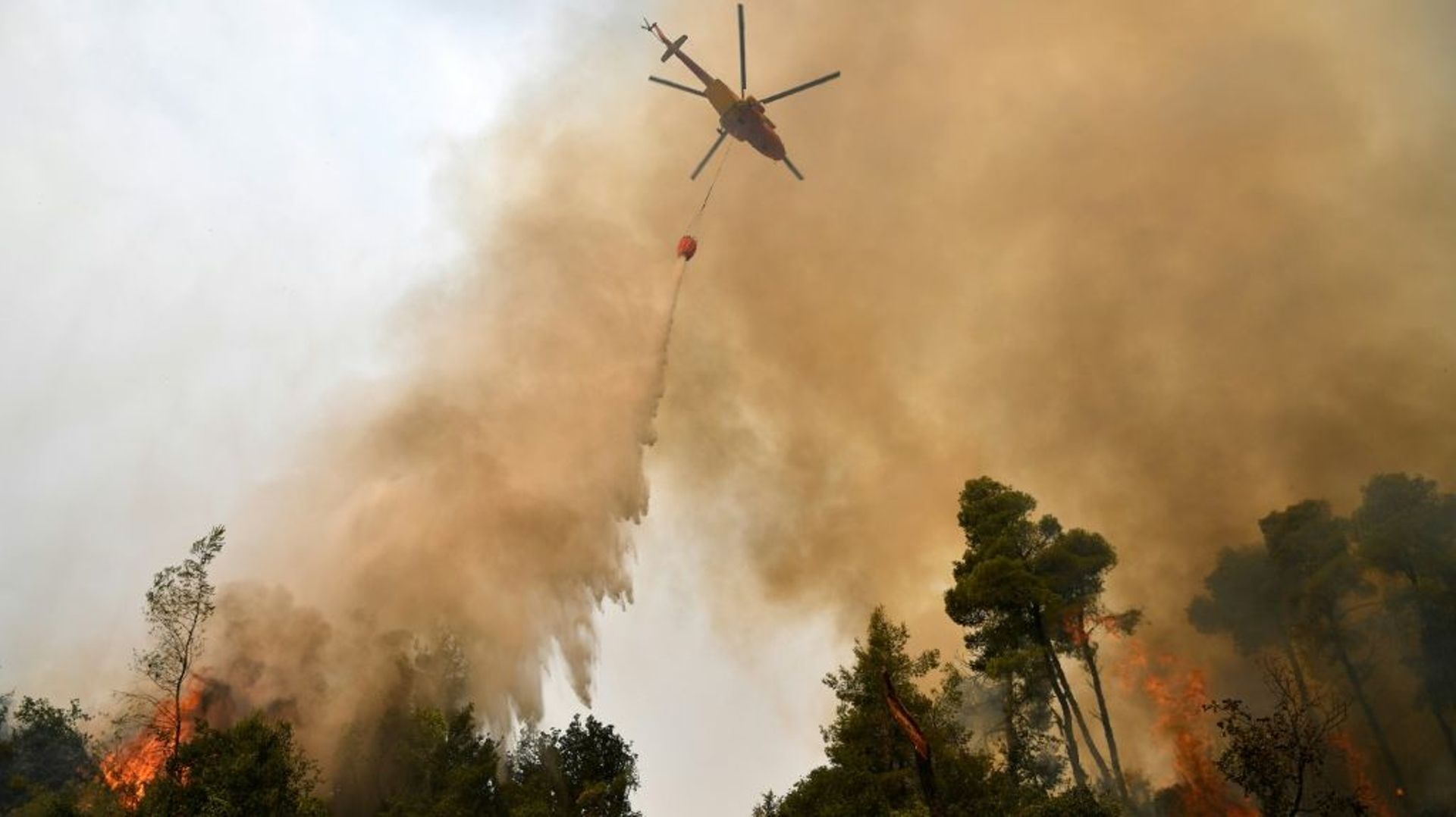 Un hélicoptère largue de l’eau sur un incendie de forêt, le 5 août 2021 près du village de Kechries (Grèce)