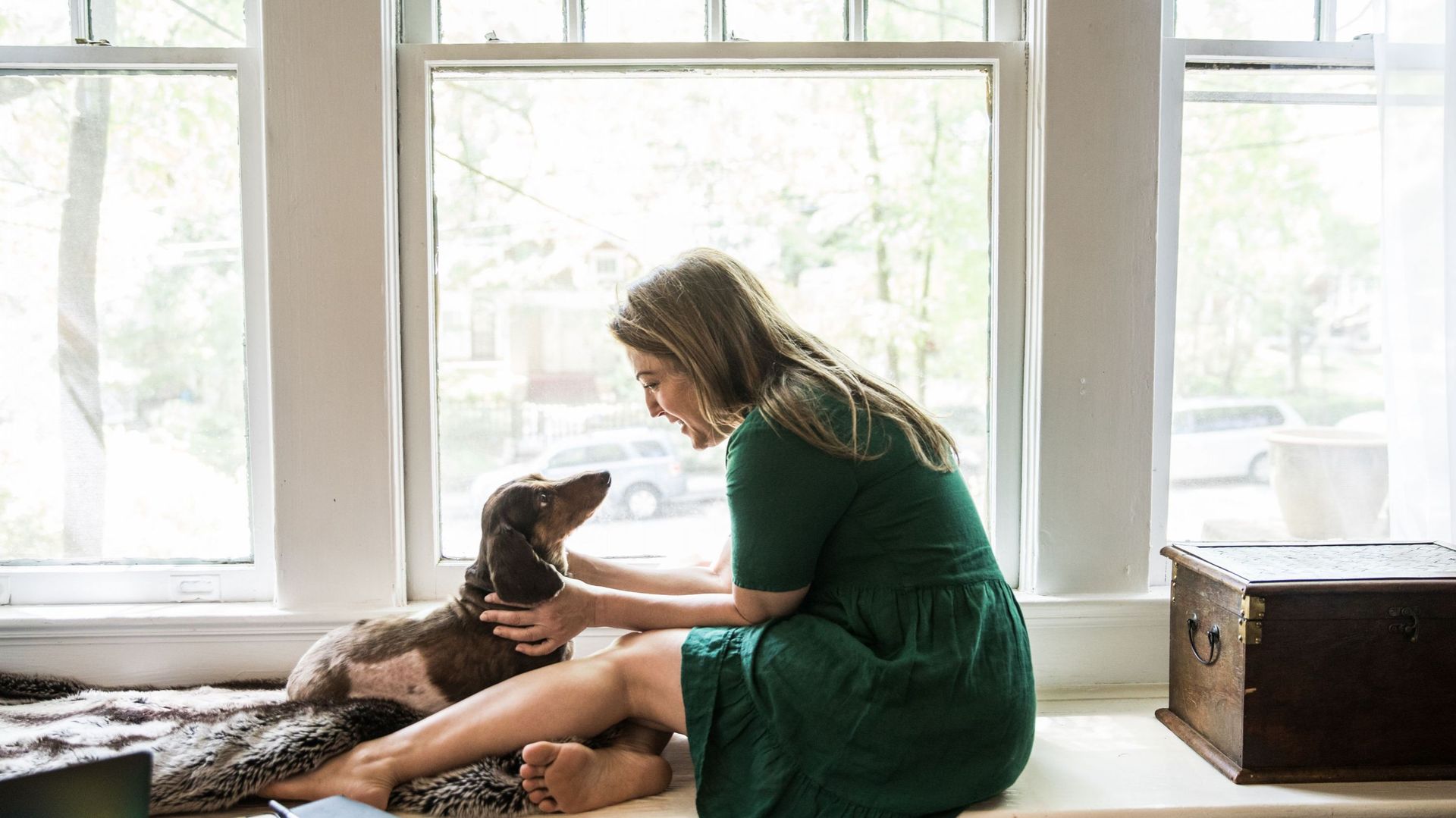 Woman sitting in window with dog