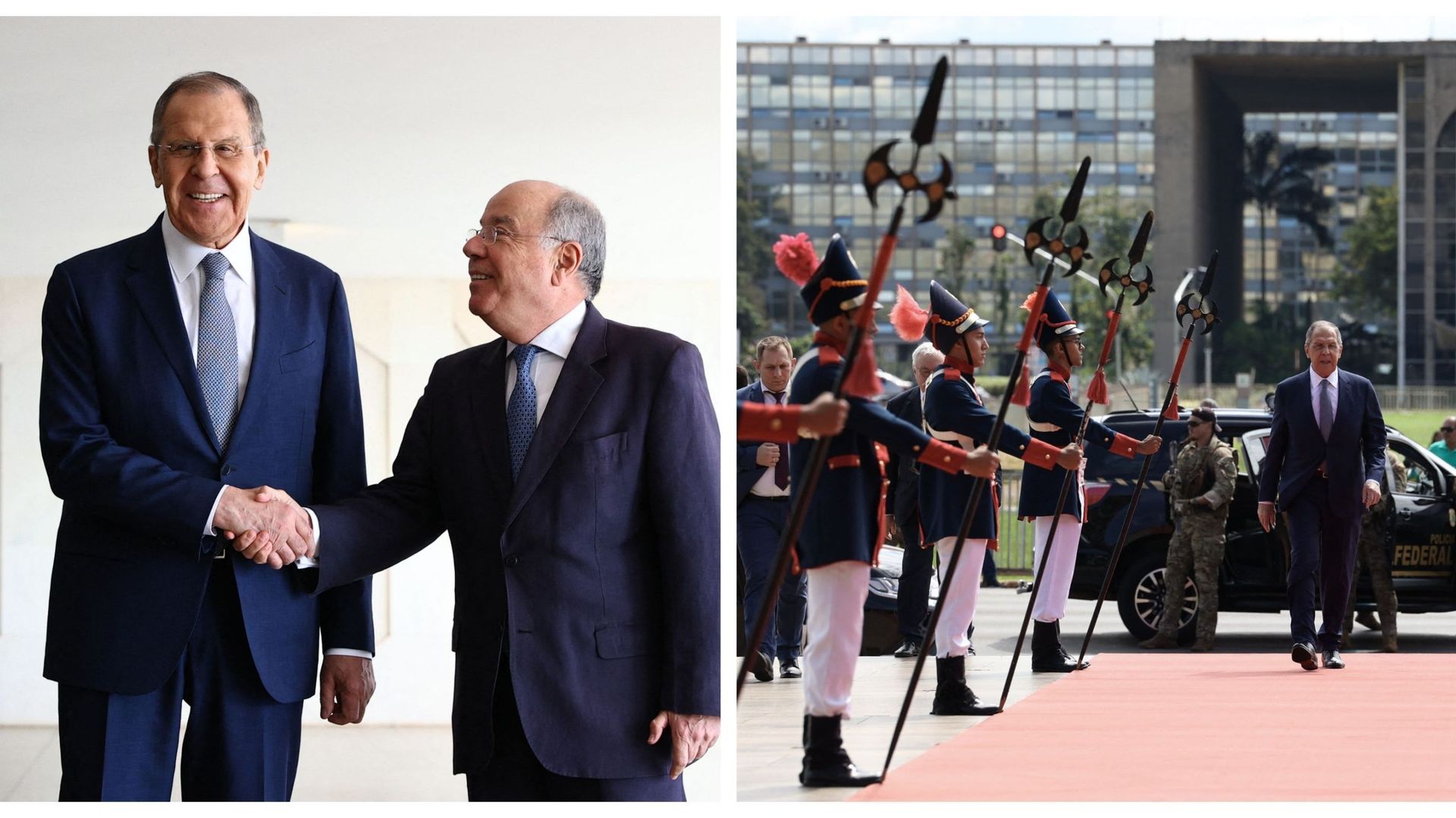 Le ministre russe des Affaires étrangères, Sergei Lavrov, passe en revue la garde d’honneur à son arrivée au palais d’Itamaraty pour rencontrer son homologue brésilien Mauro Vieira à Brasilia, le 17 avril 2023.