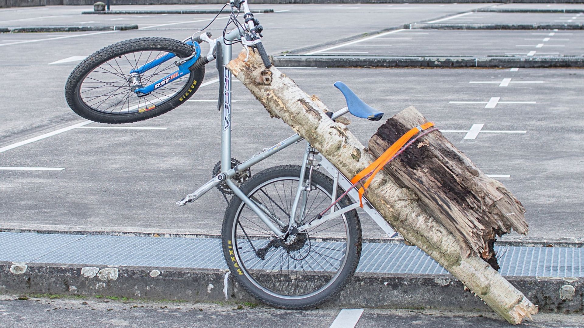 Vélo d'Arnaud Eubelen avec deux troncs d'arbre lui servant de porte-bagage