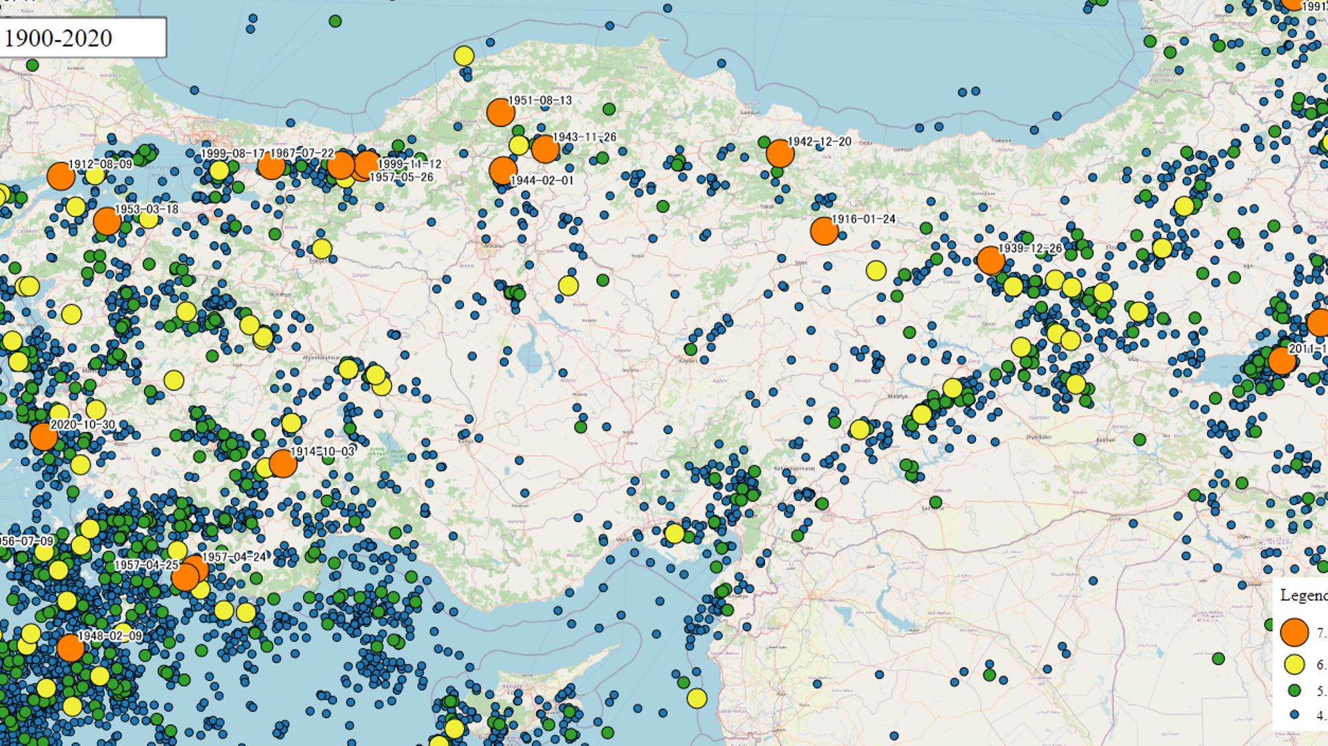 Carte des tremblements de terre en Turquie 1900-2020