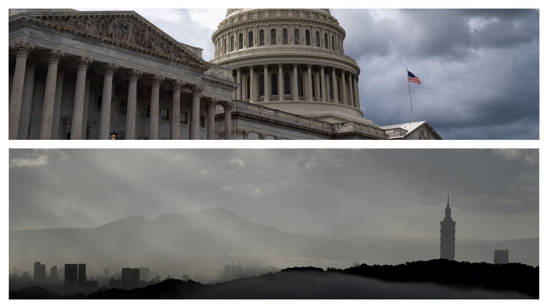 Vues du Capitole de Washington et de la skyline de Tapei, à Taiwan, en 2020