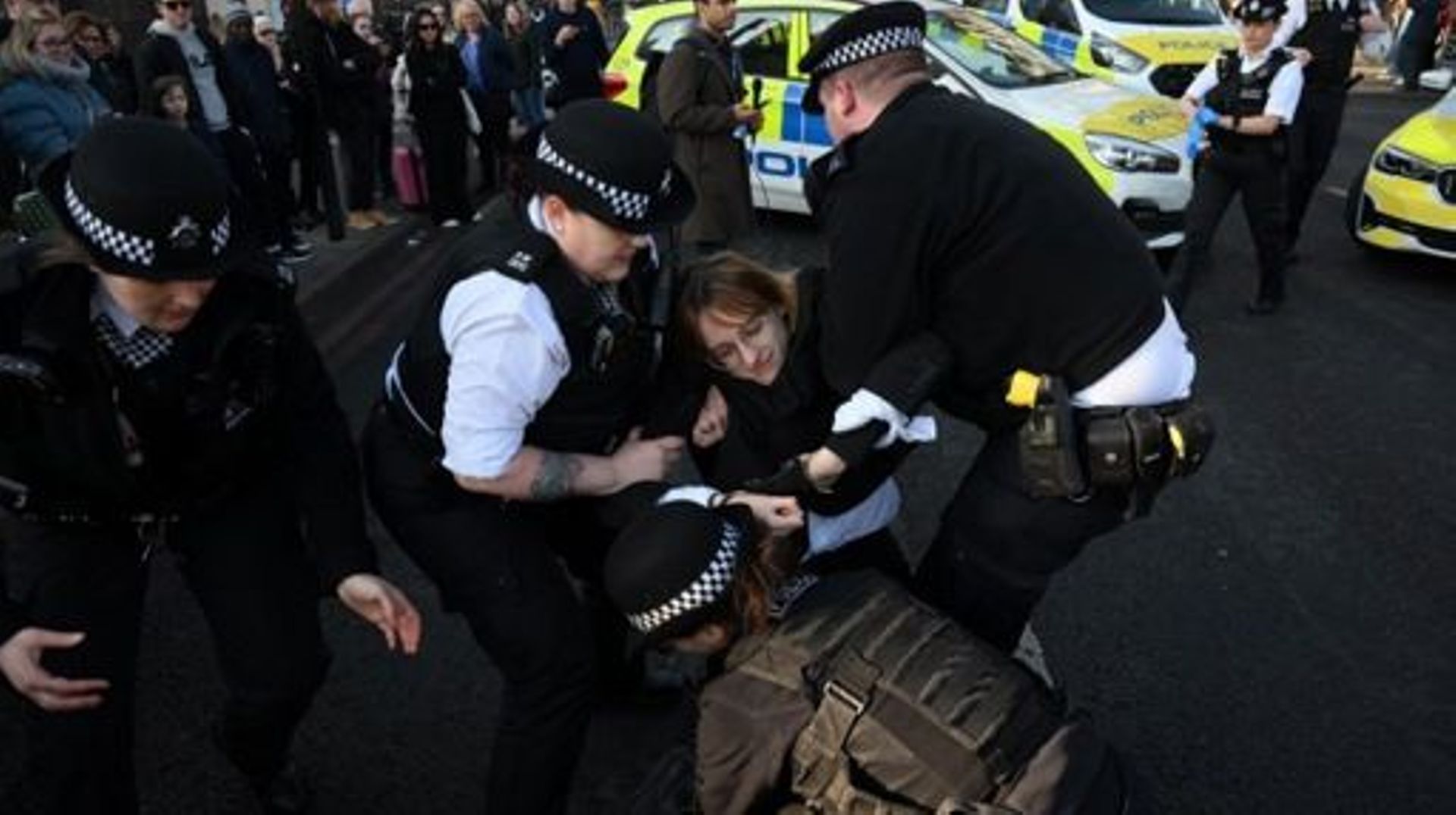Police officers arrest and remove activists from the animal and climate justice group Animal Rebellion who were blocking the road during a demonstration on Westminster Bridge, in central London, on February 14, 2023.  Daniel LEAL / AFP