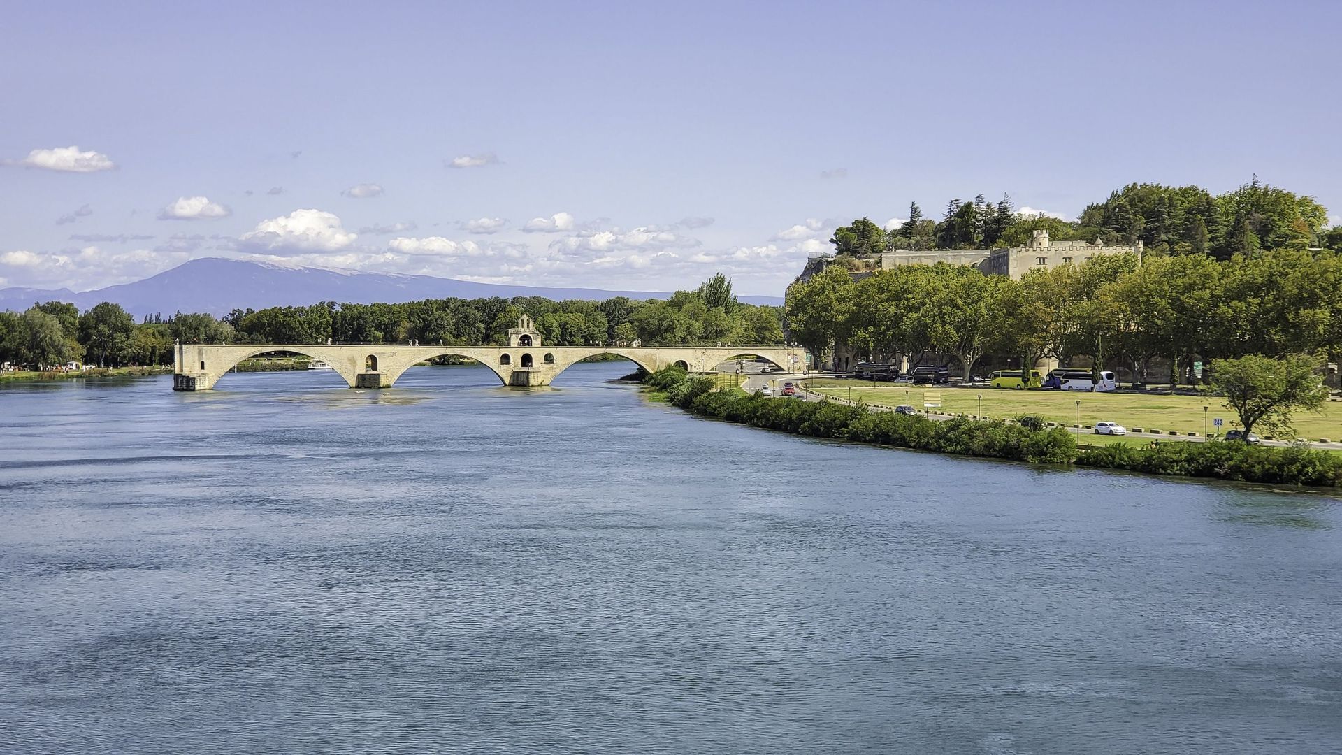 Rhône River and Pont d&#39 ; Avignon, also known as Pont Saint-Benezet, over the Rhone River in Avignon, France