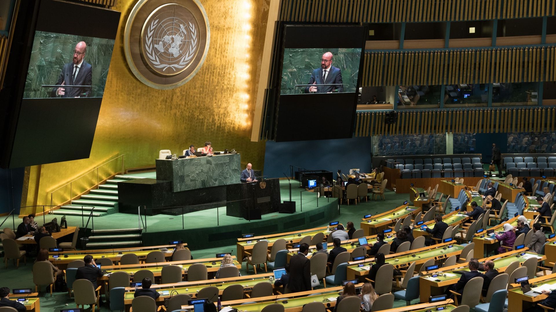 Charles Michel à la tribune de l'assemblée générale des Nations Unies lors de la 74ème édition, 2019.