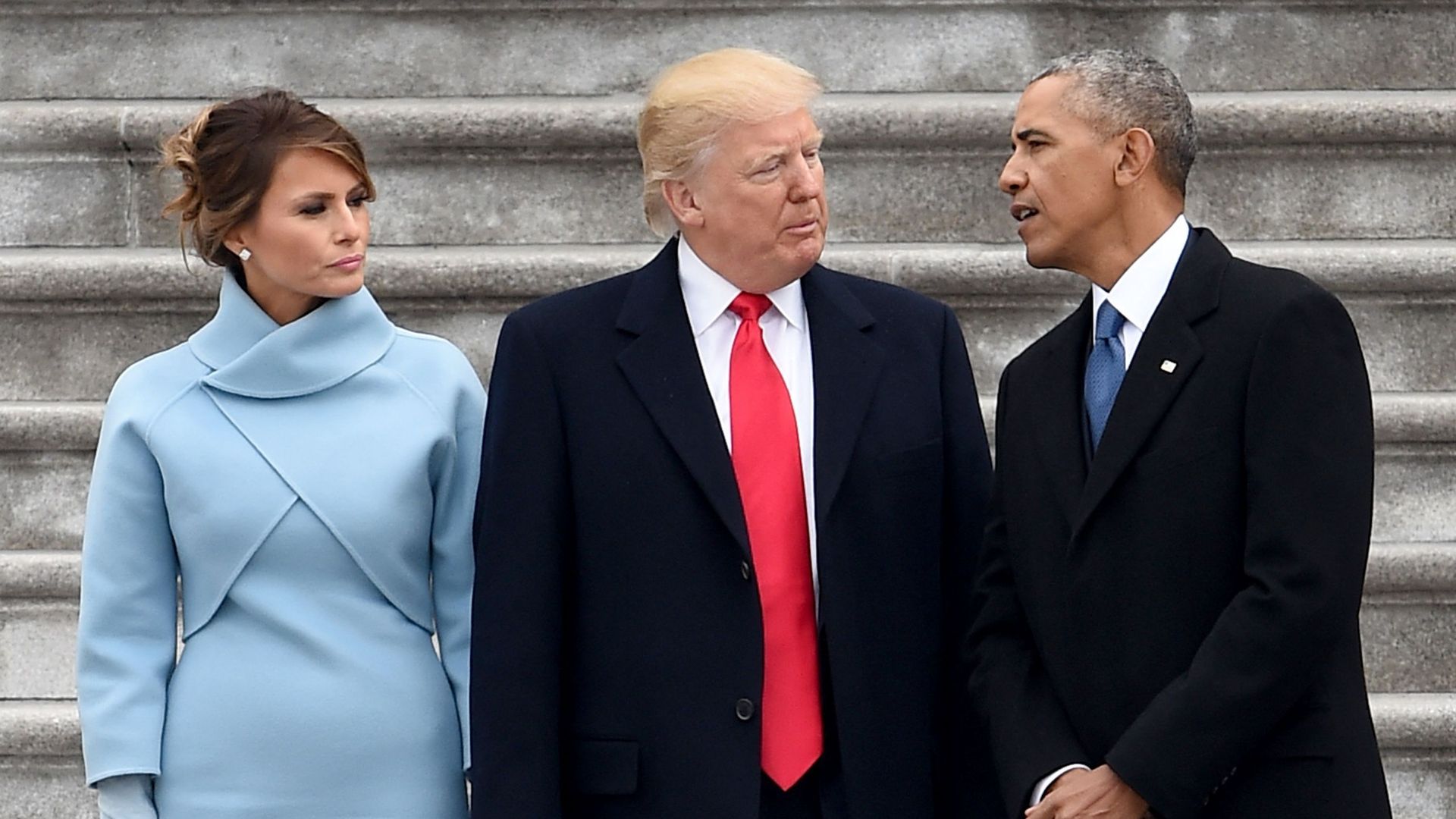 Le couple Melania et Donald Trump, aux côtés de Barack Obama, lors de la cérémonie d’investiture de janvier 2017.
