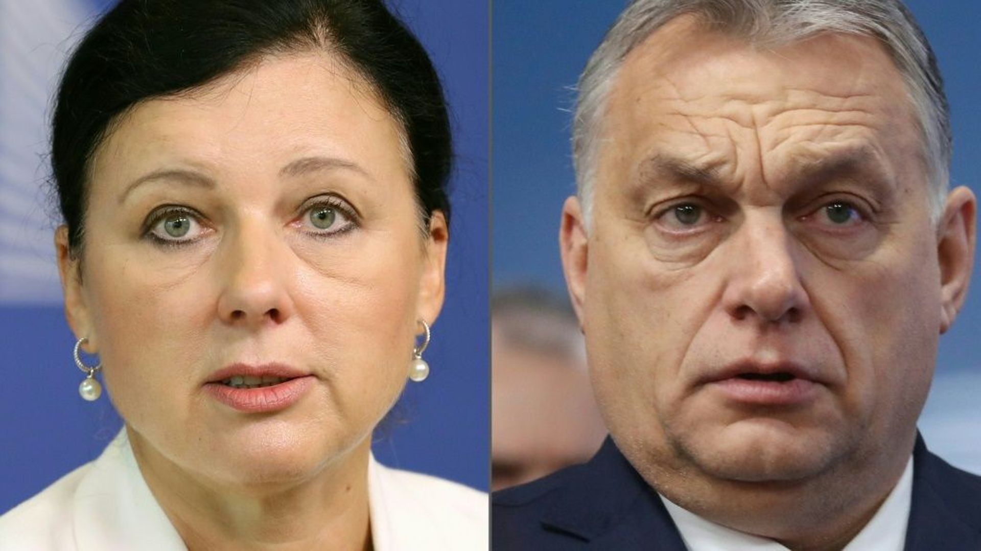 La vice-présidente de la Commission européenne Vera Jourova le 20 septembre 2020 et le Premier ministre hongrois Viktor Orban le 21 février 2020 à Bruxelles
