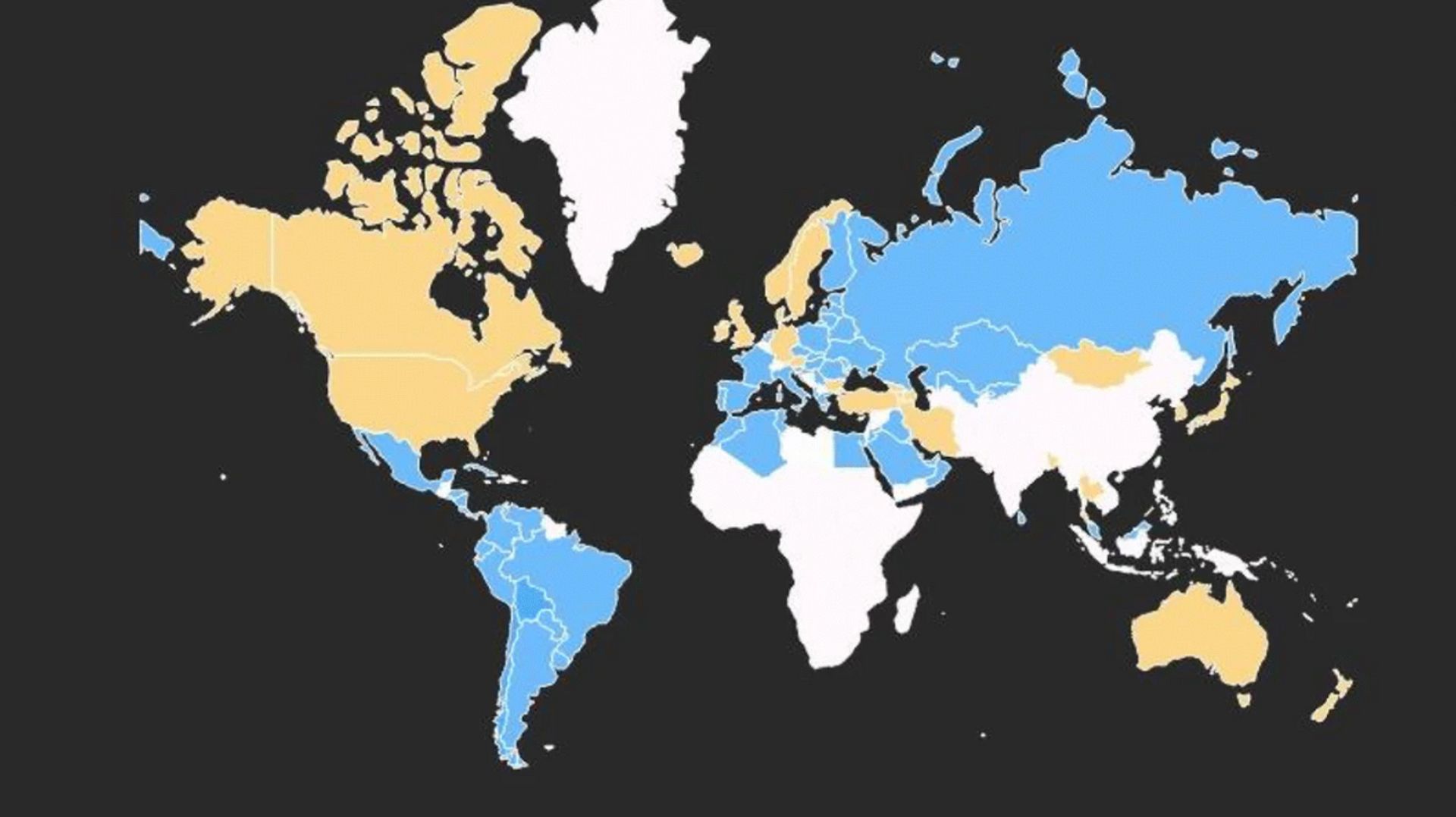 En bleu : les pays retenus par les chercheurs comme "sans consonne occlusive", en jaune ceux sélectionnés comme utilisant des consonnes occlusives