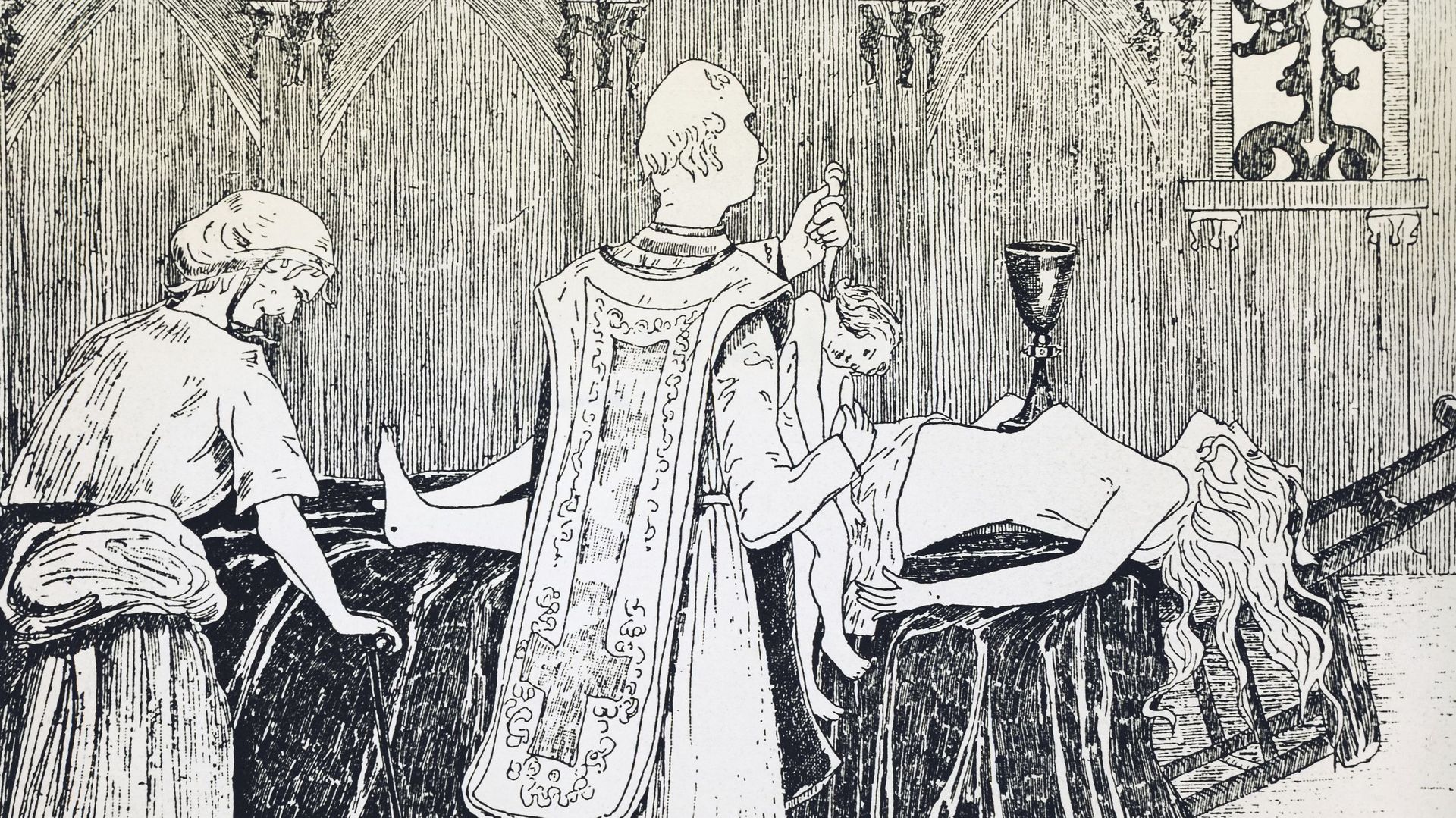 Gravure du 19e siècle illustrant Madame de Montespan lors d'une messe noire tenue par l'abbé Guibourg