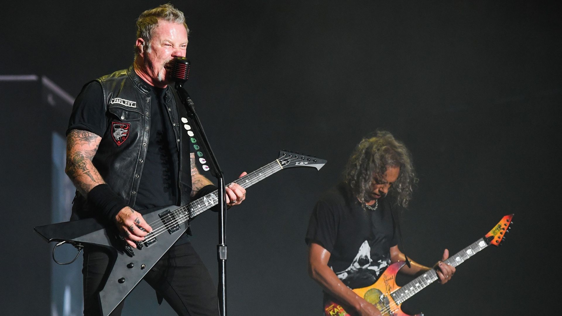 James Hetfield et Kirk Hammet de Metallica se produisant lors de la deuxième journée du festival Austin City Limits en octobre 2018 à Austin (Texas).