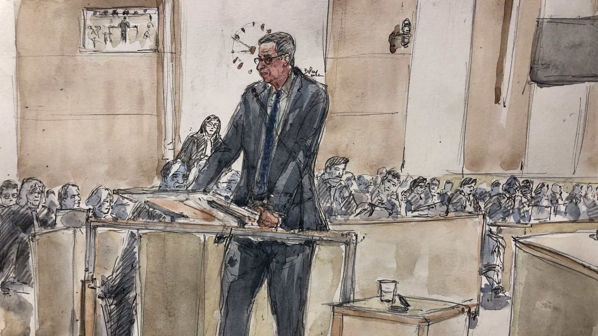 Ce croquis d'audience réalisé le 10 octobre 2022 au palais de justice de Paris montre le magistrat français François Molins s'exprimant lors d'une audience dans le cadre du procès de l'attentat de juillet 2016 dans la ville méditerranéenne de Nice.