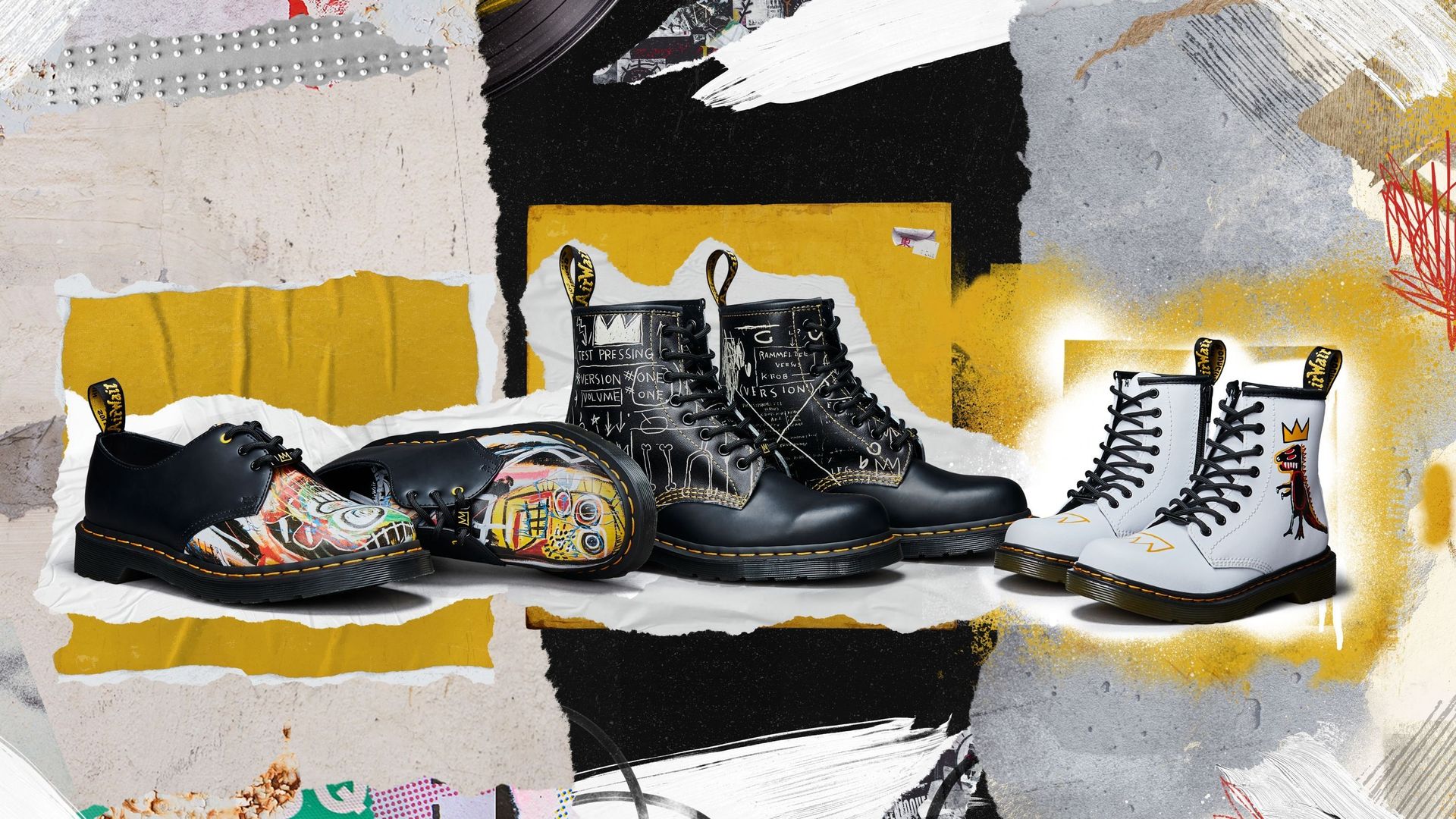 Dr. Martens rend hommage à Jean-Michel Basquiat avec une collection de chaussures à l'effigie de certaines de ses œuvres.