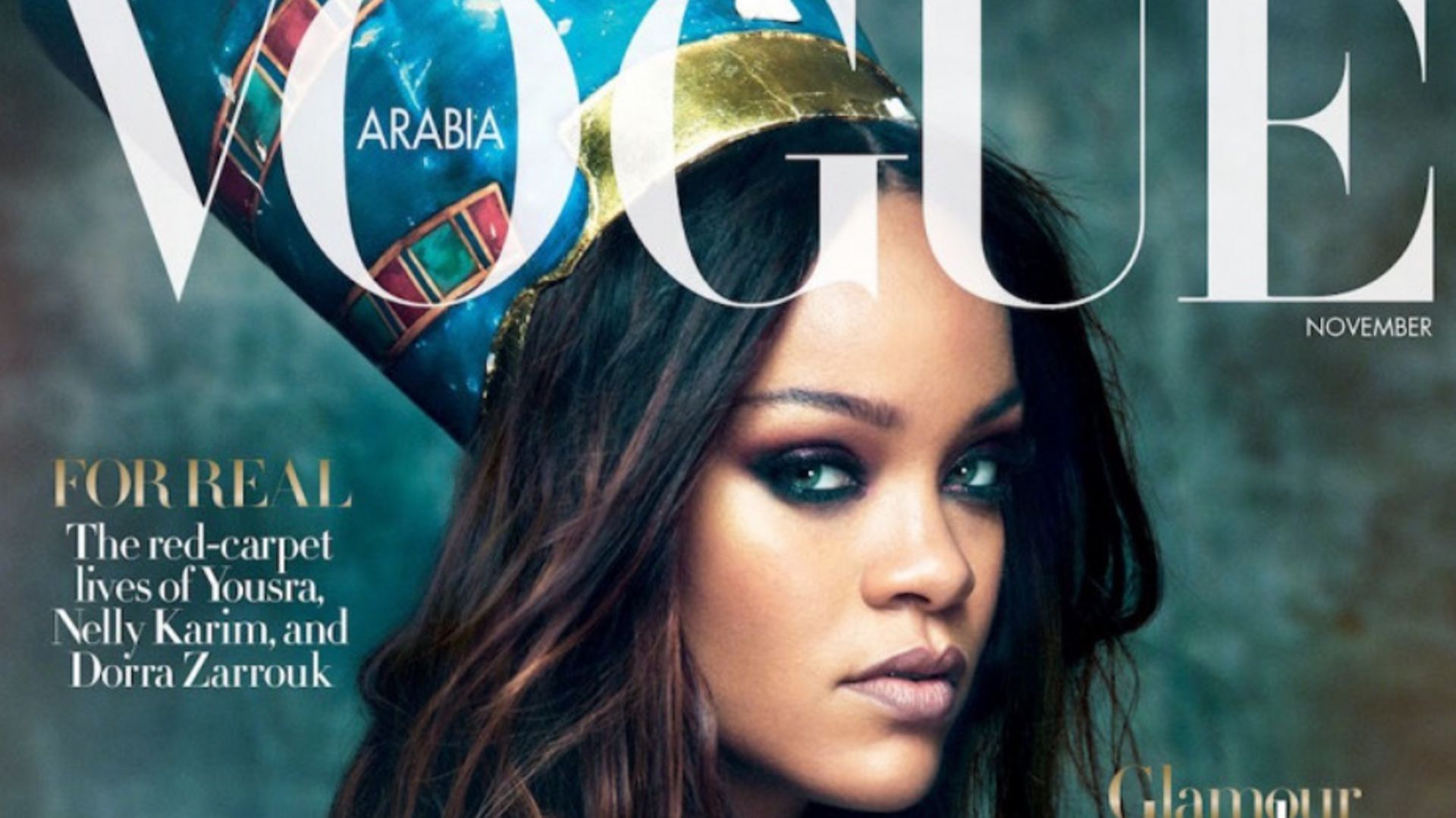 Couverture du magazine "Vogue Arabia" en novembre 2017. Rihanna pose en hommage à Nefertiti.