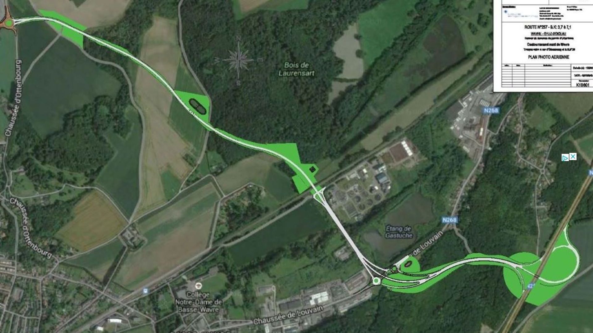 En haut à gauche, le rond-point situé près de GSK dans le zoning nord. La nouvelle route traversera des zones agricoles et forestières pour rejoindre la N25 à Grez-Doiceau.