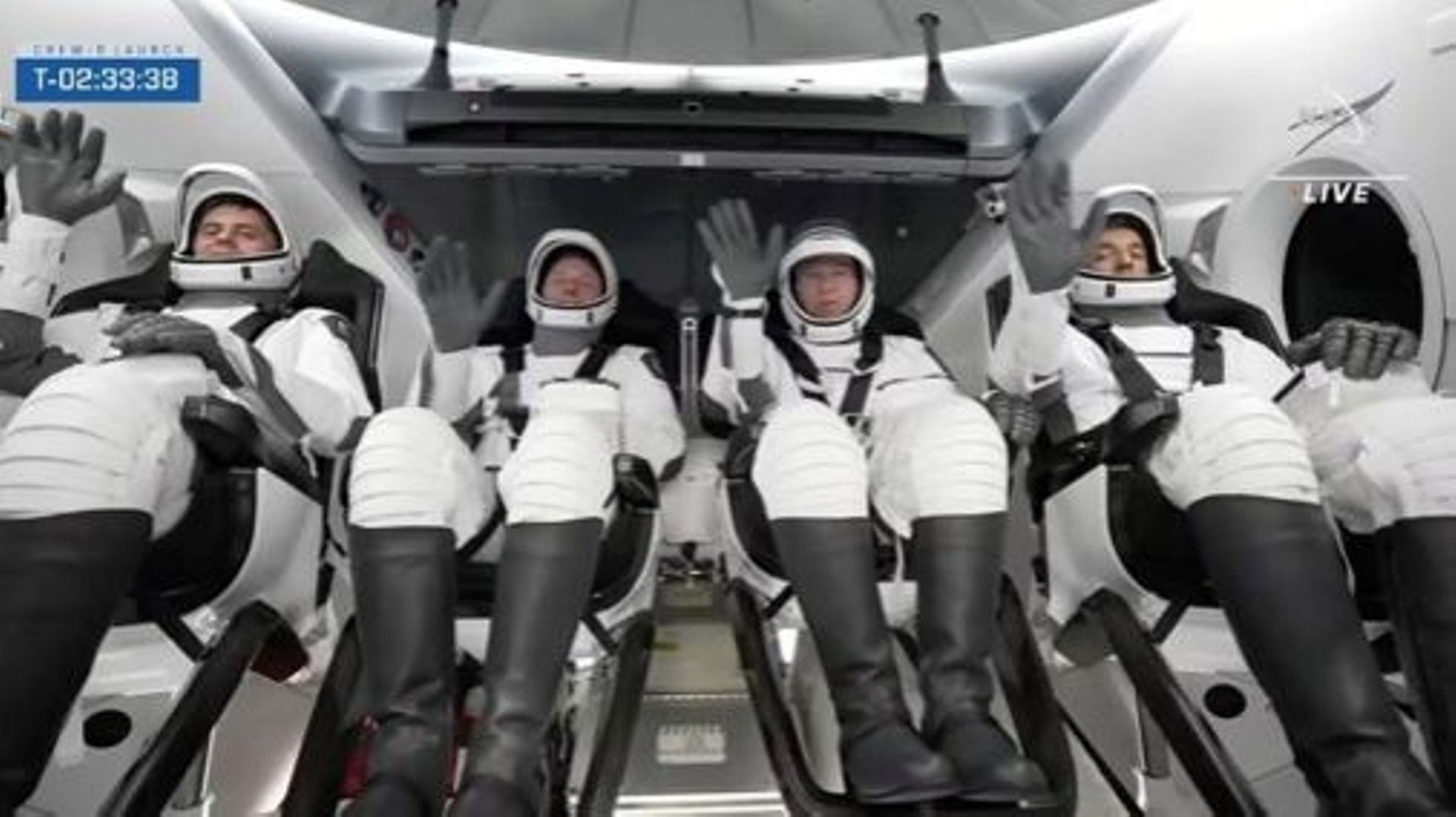 This handout screen grab courtesy of Nasa TV shows shows members of the SpaceX Dragon Crew-6 mission, Mission Specialist Andrey Fedyaev of Roscosmos (L), Pilot Warren "Woody" Hoburg (2nd L), Commander Stephen Bowen (2nd R), and Mission Specialist Sultan A