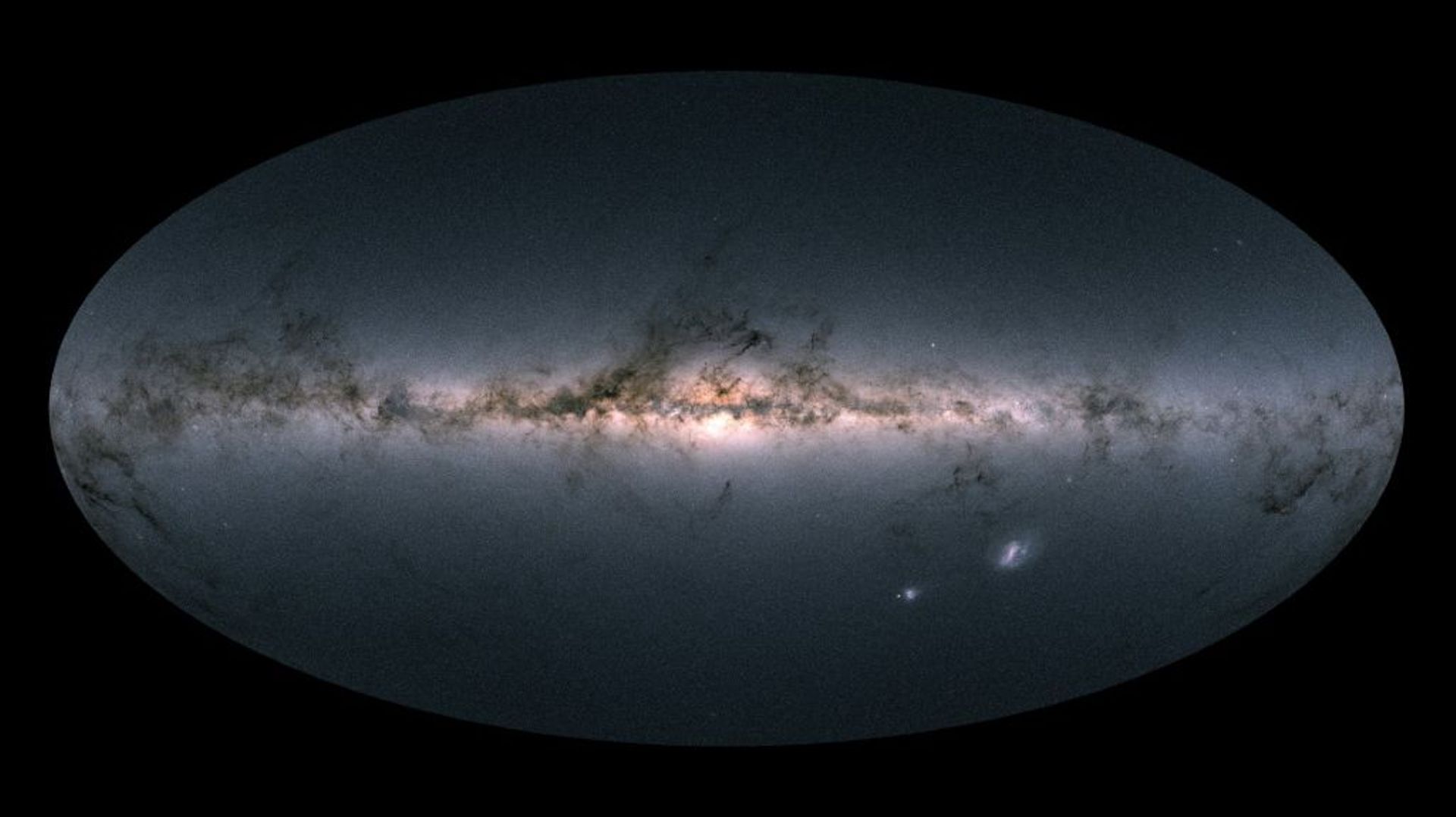 Vue de la Voie lactée et de proches galaxies réalisée par le satellite Gaia à partir de sa mesure de plus d'1,7 milliard d'étoiles, et fournie par l'Agence spatiale européenne le 25 avril 2018 