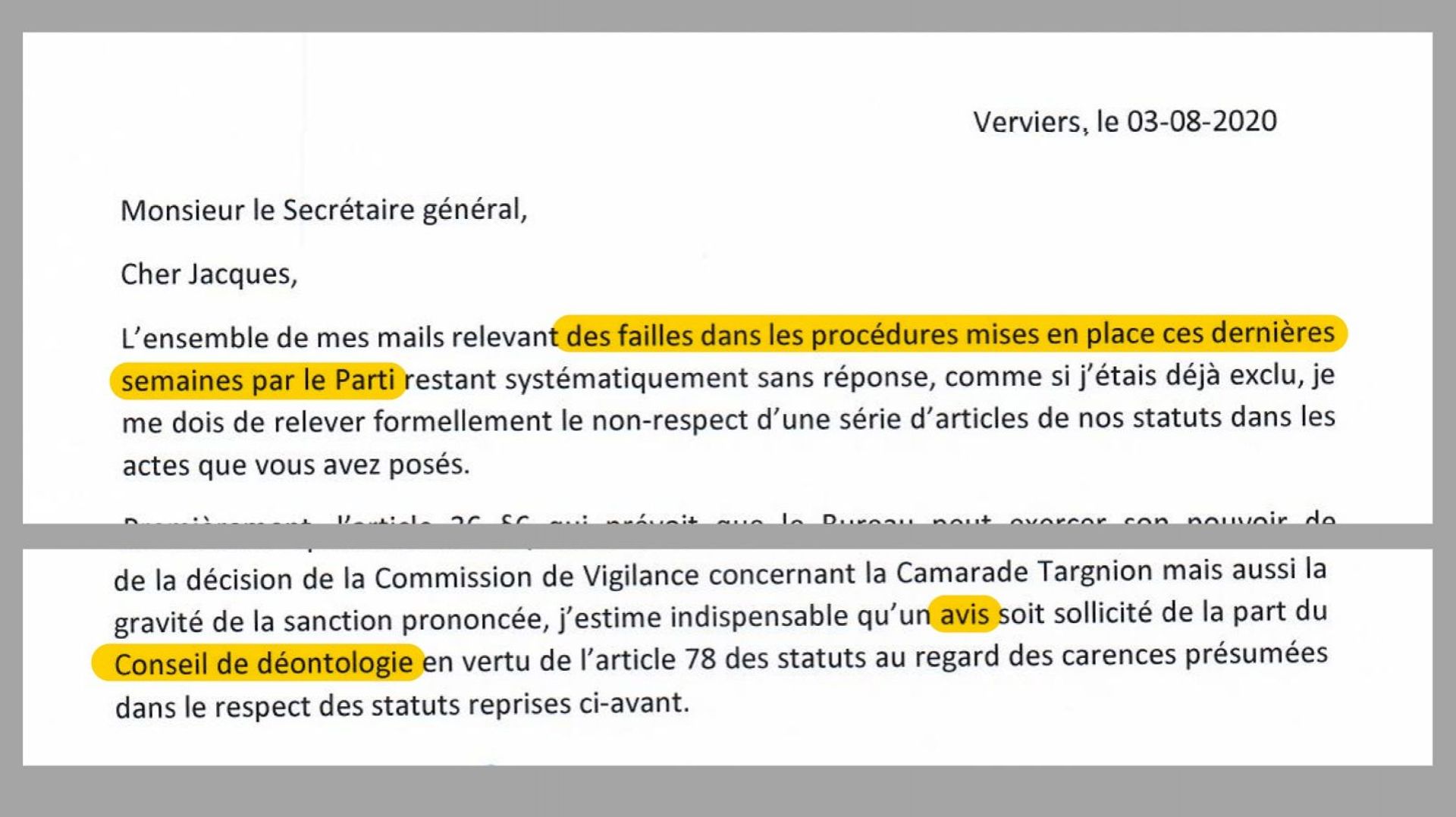 courrier d'Alexandre Loffet à Jacques Braggaar, secrétaire général du PS (extraits)