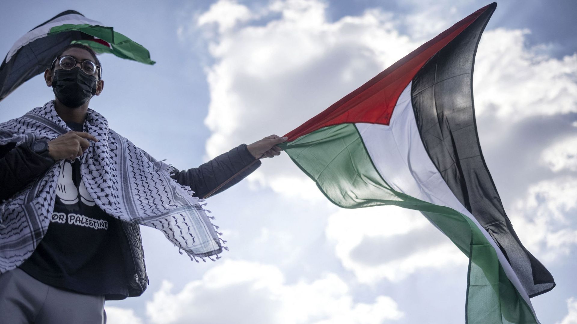 Un manifestant agite un drapeau palestinien dans le centre de Johannesburg, le 23 mai 2021
