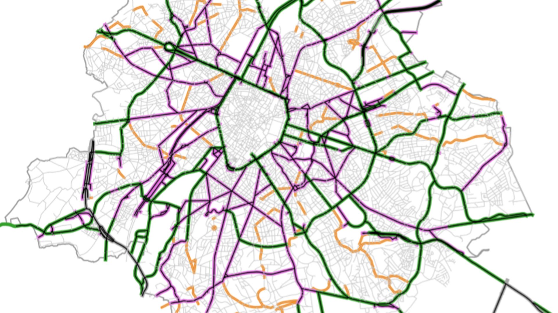La carte de Bruxelles mobilité sur la régionalisation de la zone 30 
En mauve: le régime de vitesse général : 30 km/h
En vert: régime de vitesse d'exception: 50 km/h et 70 km/h pour quelques entrées de ville 
En orange: régime de vitesse à discuter avec l