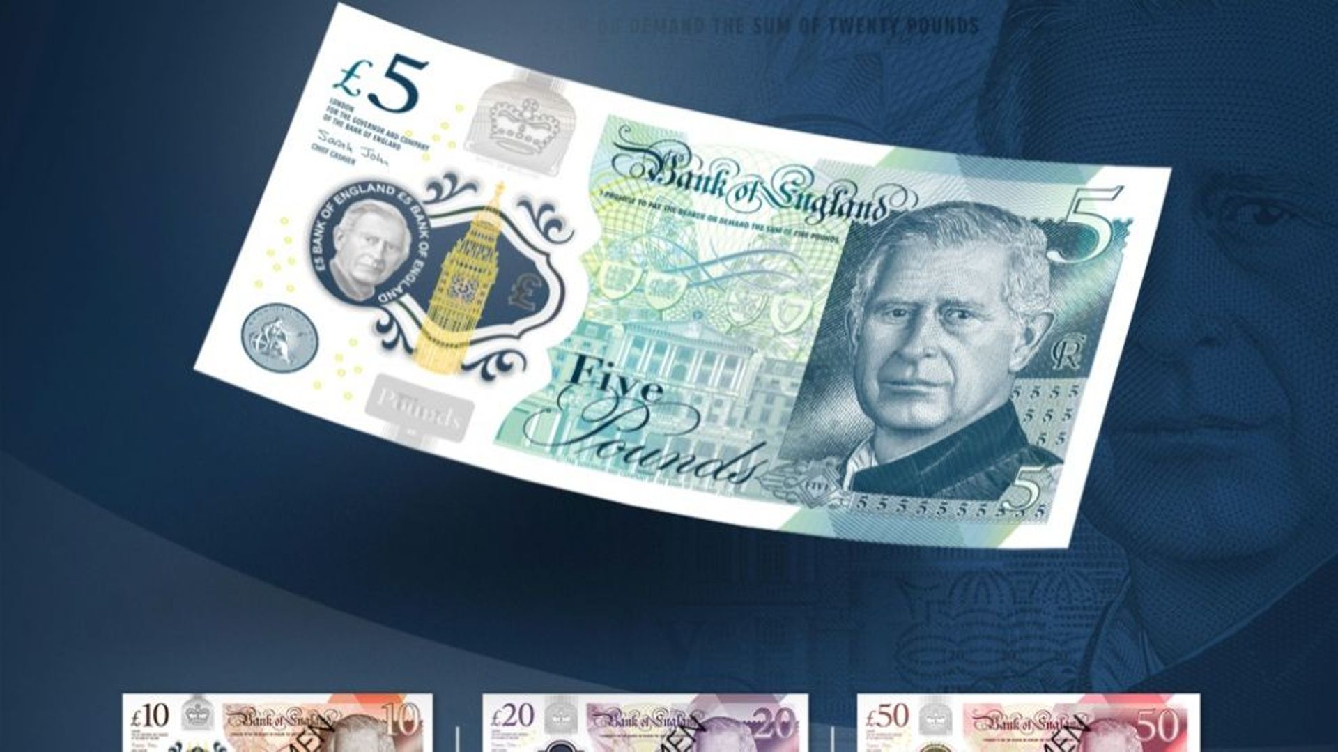 Les nouveaux billets de banque à l’effigie de Charles III qui entreront en circulation mi-2024 au Royaume-Uni