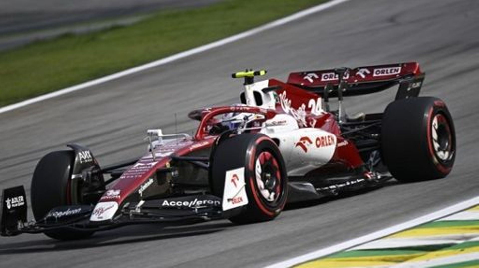 Alfa Romeo Chinese driver Zhou Guanyu races during the Formula One Brazil Grand Prix at the Autodromo Jose Carlos Pace racetrack, also known as Interlagos, in Sao Paulo, Brazil, on November 13, 2022.    MAURO PIMENTEL / AFP
