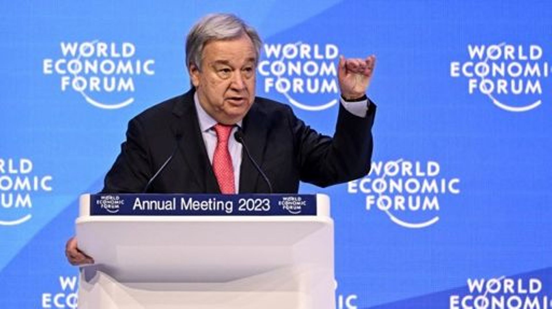 UN Secretary-General Antonio Guterres addresses a session of the World Economic Forum (WEF) annual meeting in Davos on January 18, 2023. Fabrice COFFRINI / AFP