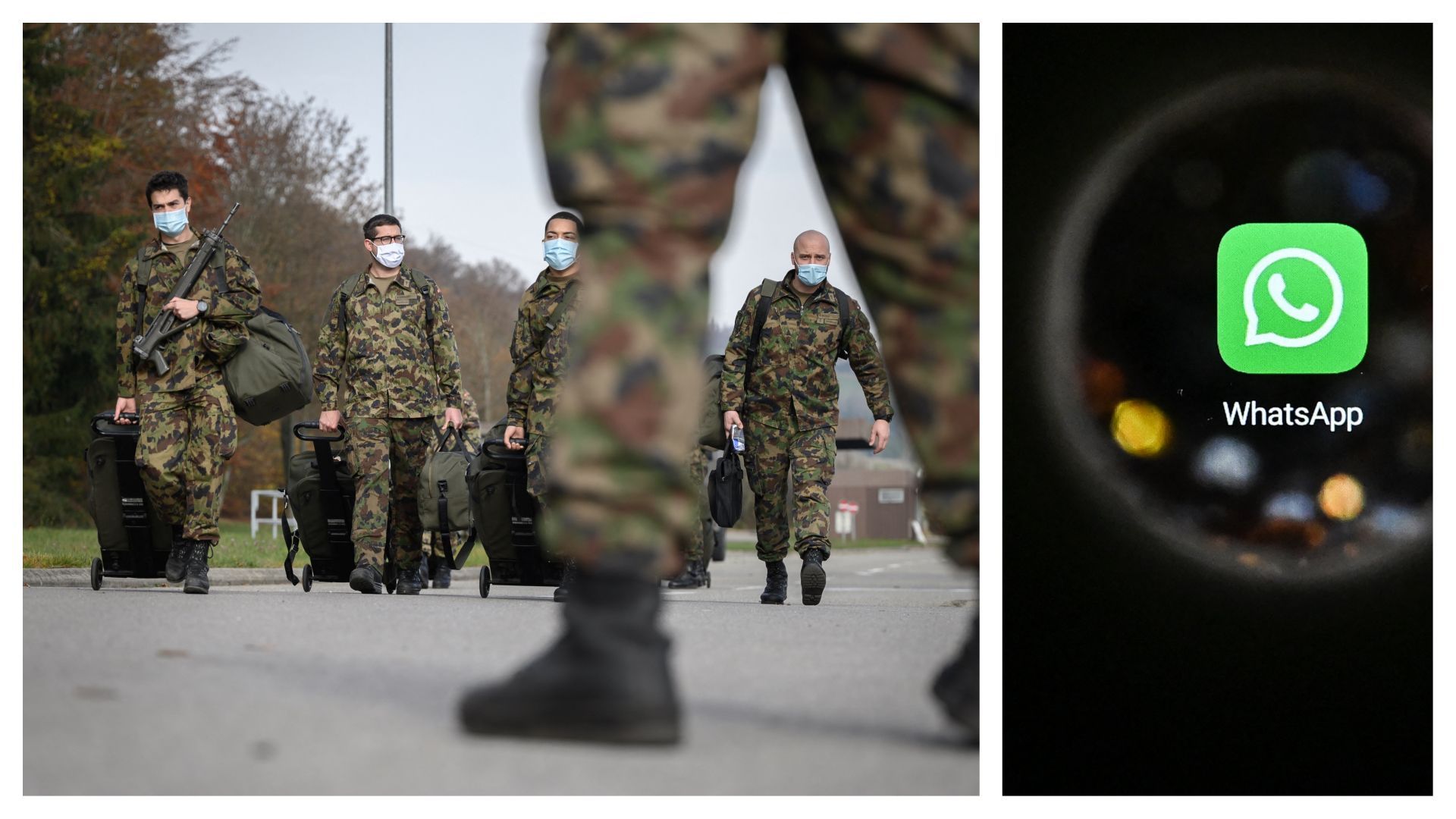 Soldats suisses à la base de Moudon (Vaud) en 2020 et logo What’s app