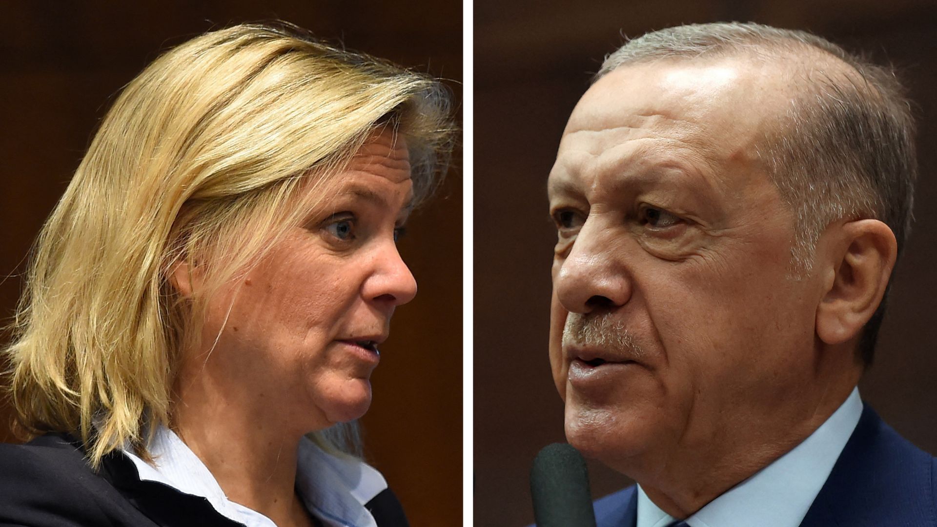 La Première ministre suédoise, Magdalena Anderson, à gauche. Le président turc Recep Tayyip Erdogan, à droite.