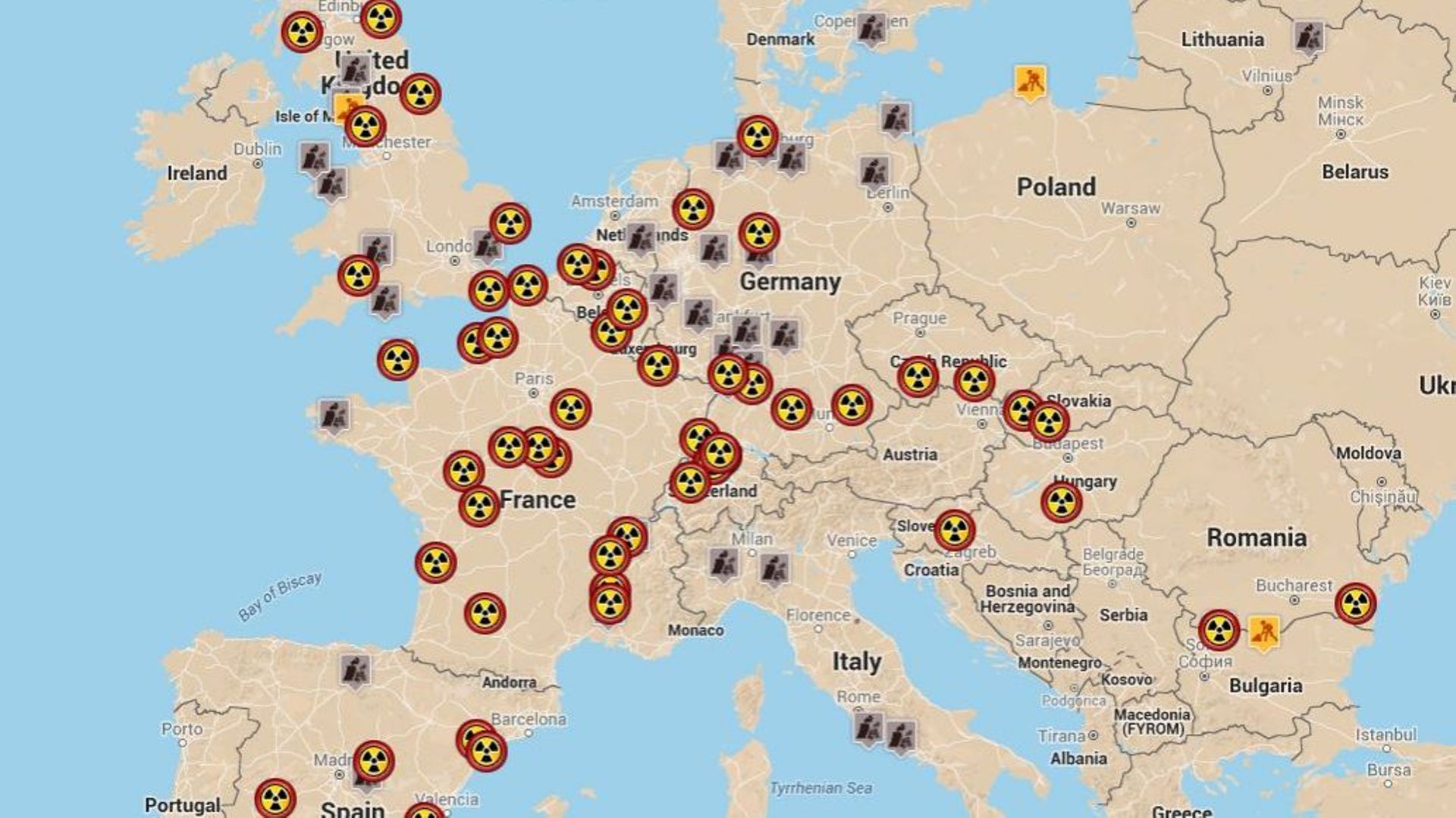 Cette carte fait l'inventaire de l'ensemble des centrales nucléaires en Europe (voir plus bas pour la version interactive).