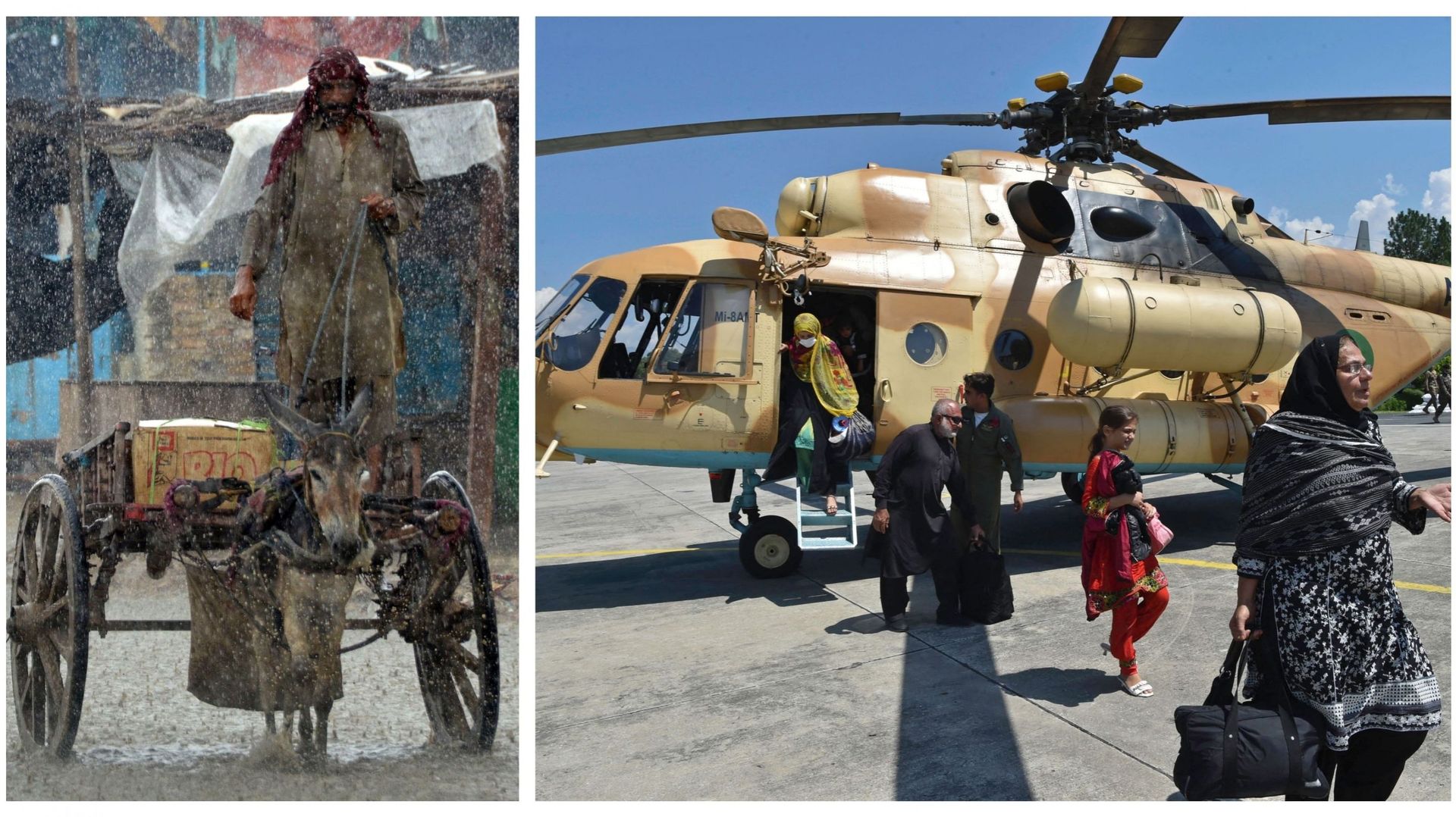 Des touristes locaux bloqués débarquent d’un hélicoptère de l’armée pakistanaise après avoir été secourus par l’armée des zones touristiques touchées par les inondations à Saidu Sharif, la capitale de la vallée de Swat dans la province de Khyber Pakhtunkh
