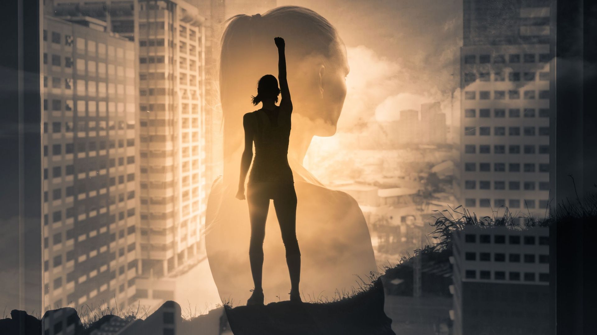 Silhouette of super strong successful businesswoman.